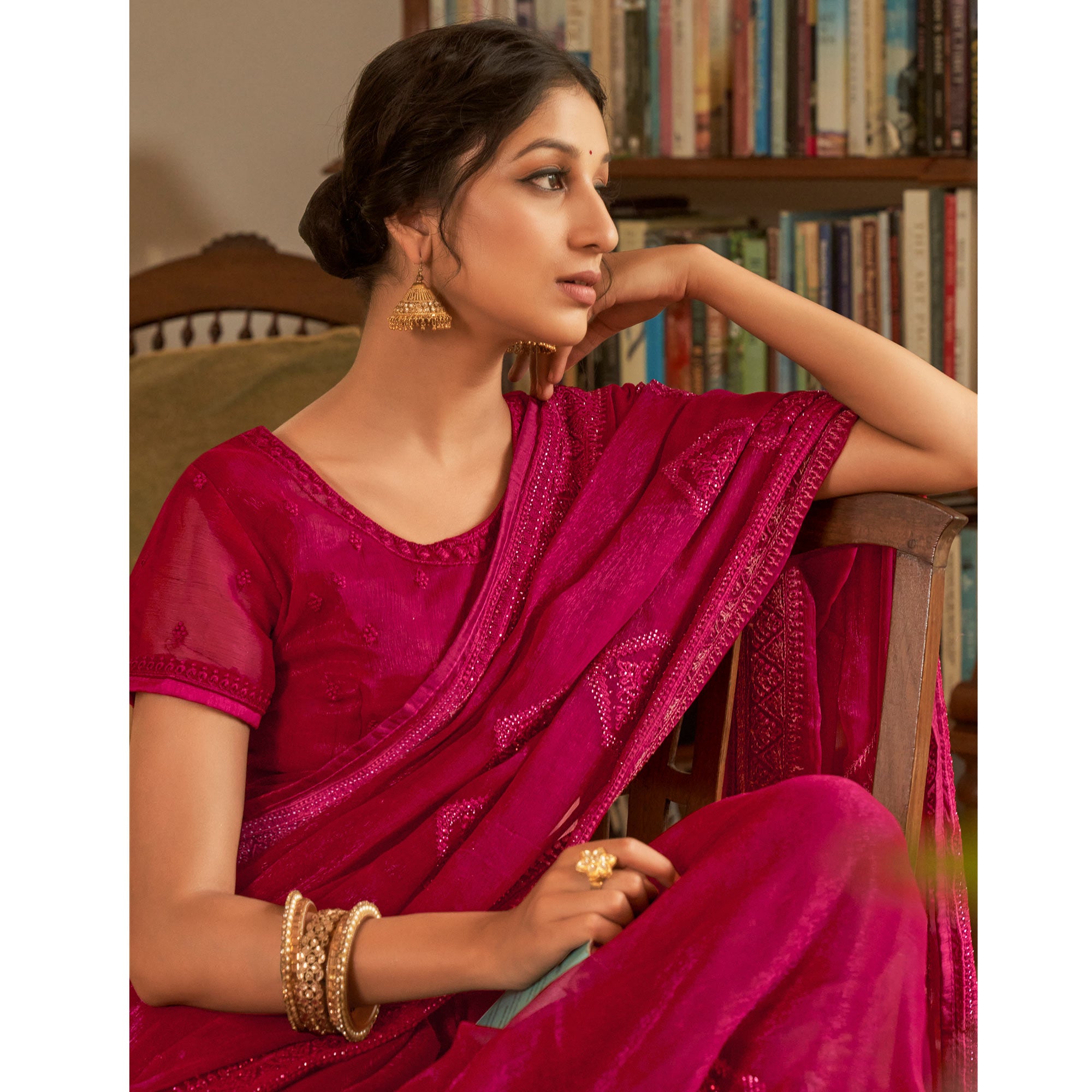 Rani Pink Embroidered Georgette Saree