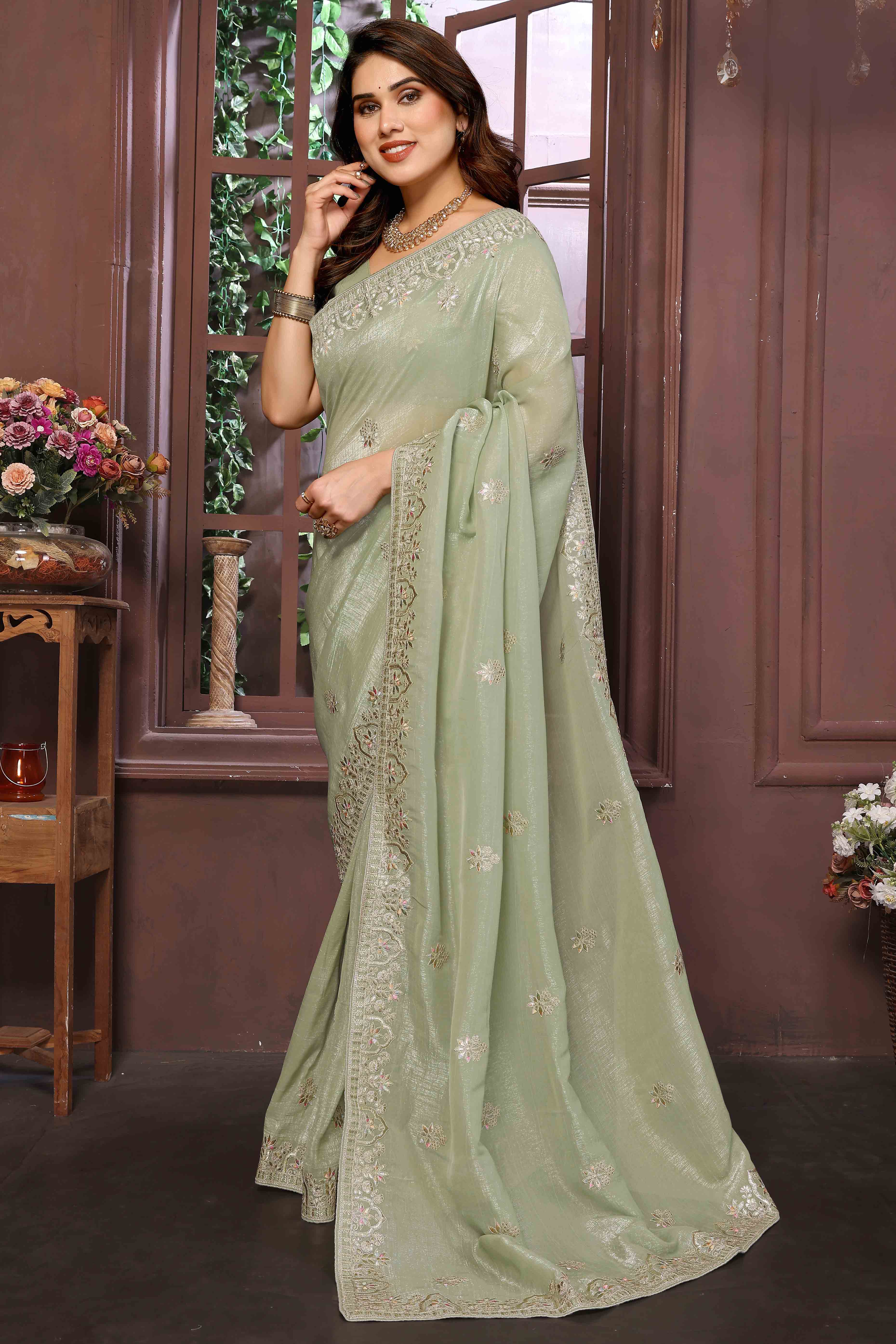 Green Crunchy Saree With Enchanting Floral Gota Patti Work