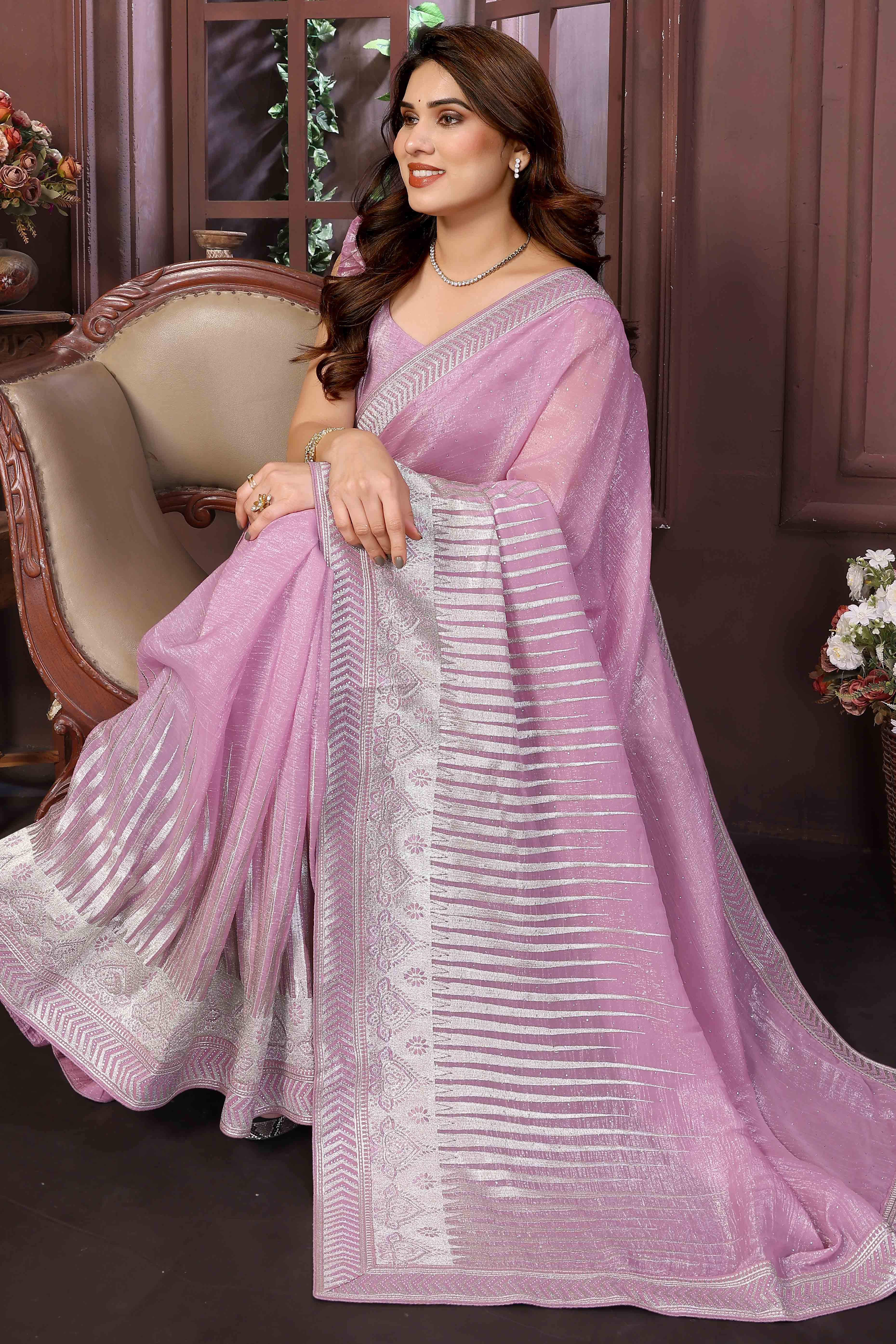 Swarovski Work Saree In Onion Pink With Delicate Floral Zari Border