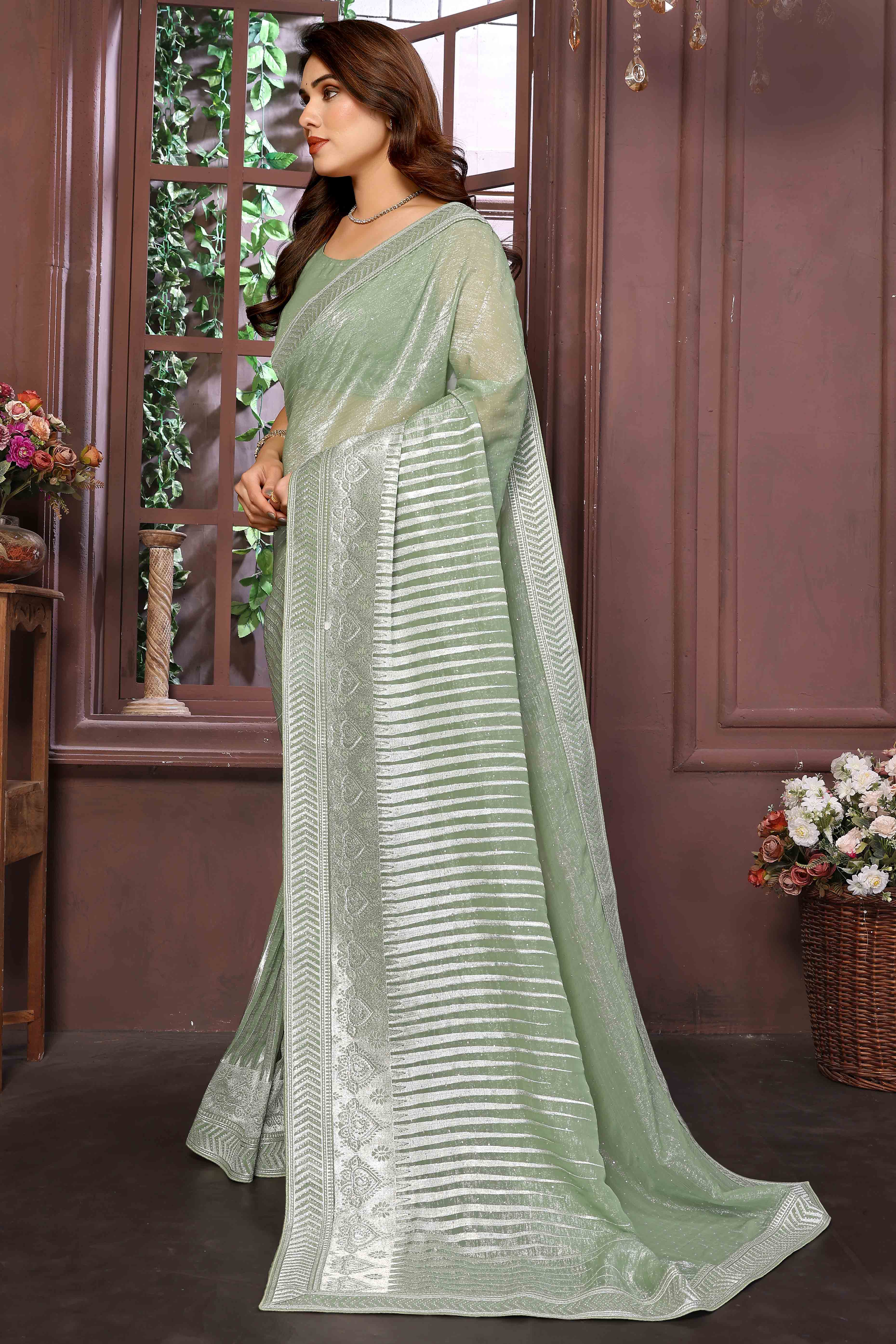 Swarovski Work Saree In Green With Delicate Floral Zari Border