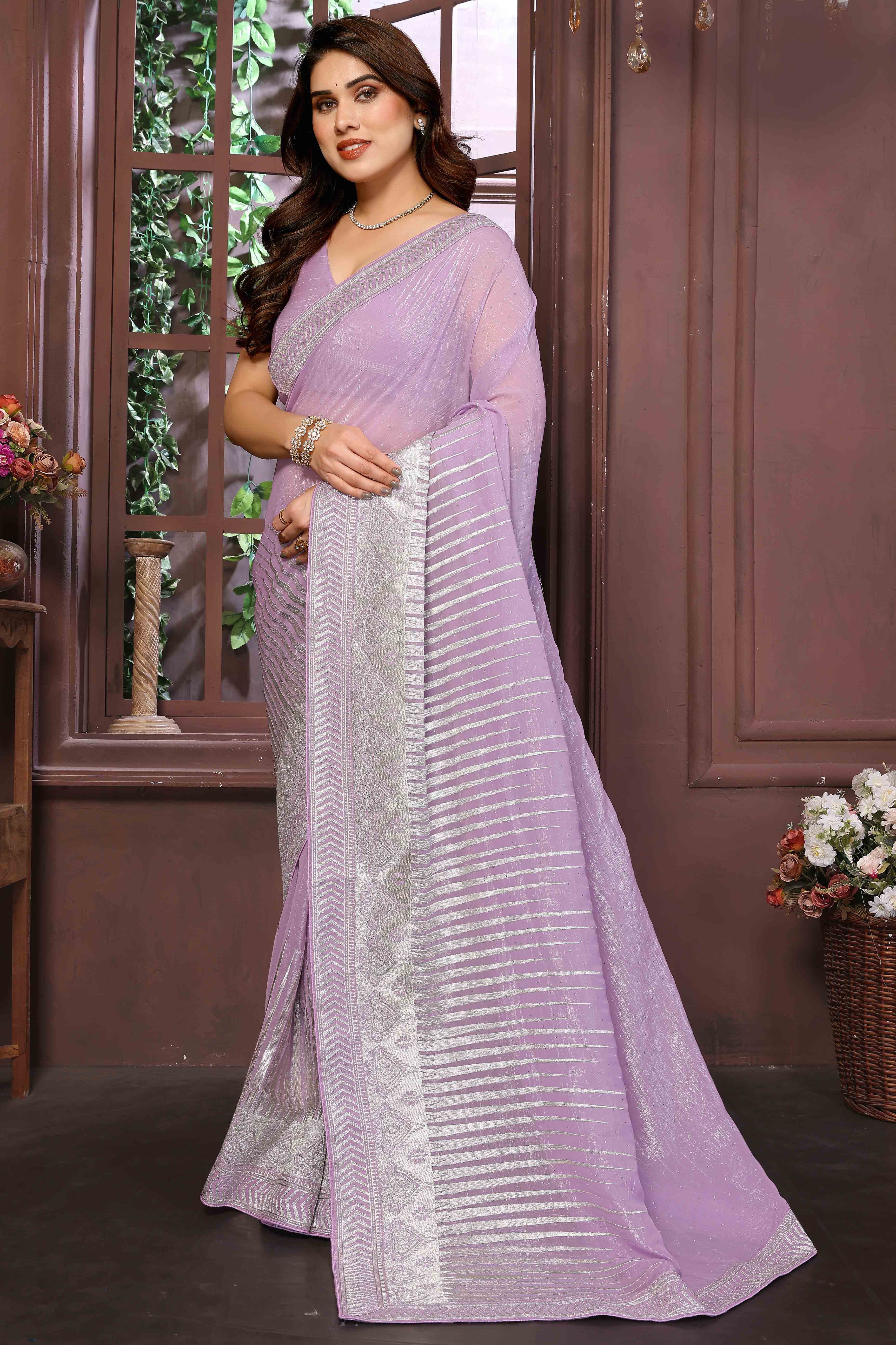 Swarovski Work Saree In Light Purple With Delicate Floral Zari Border