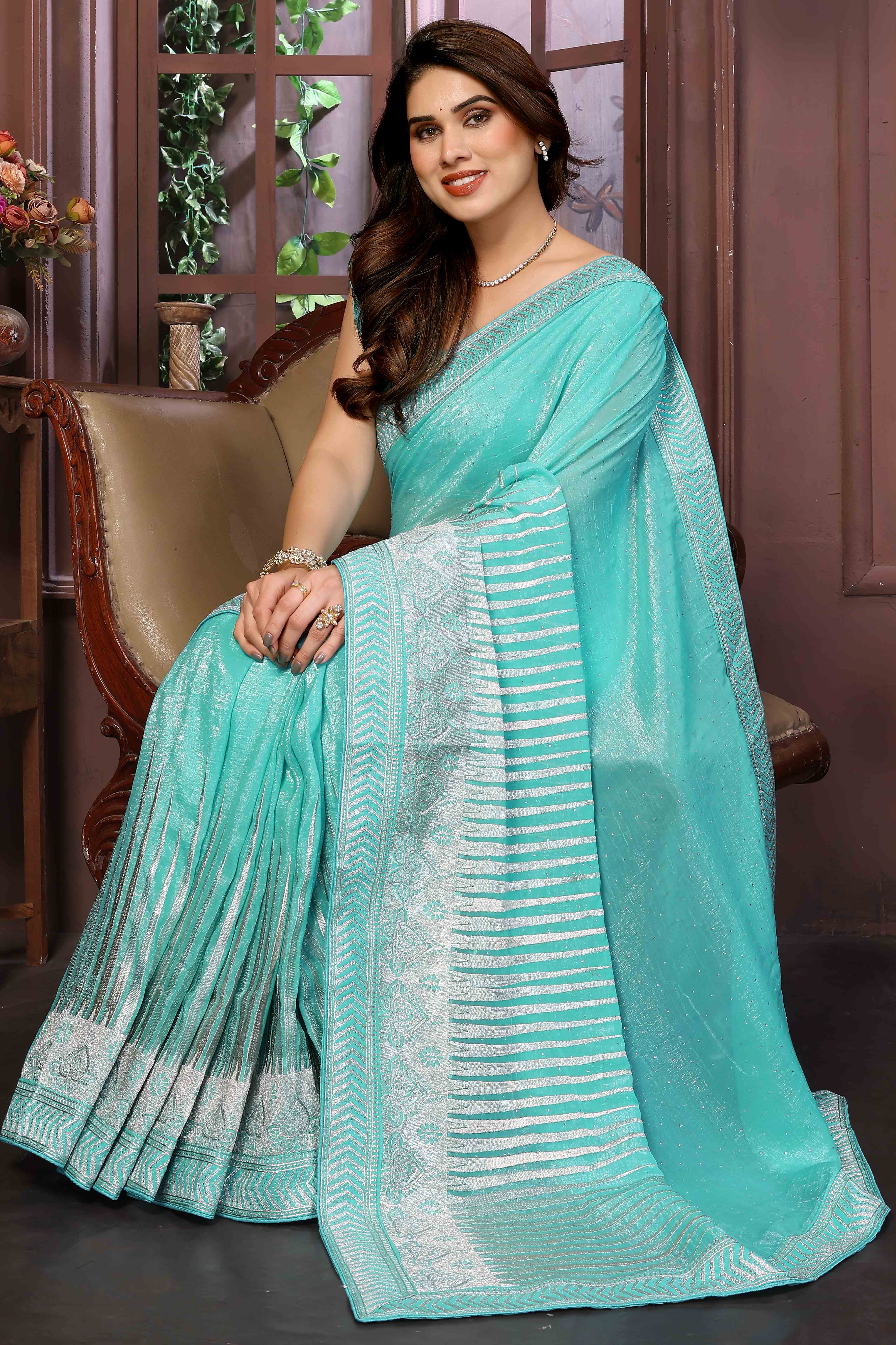 Swarovski Work Saree In Turquoise With Delicate Floral Zari Border