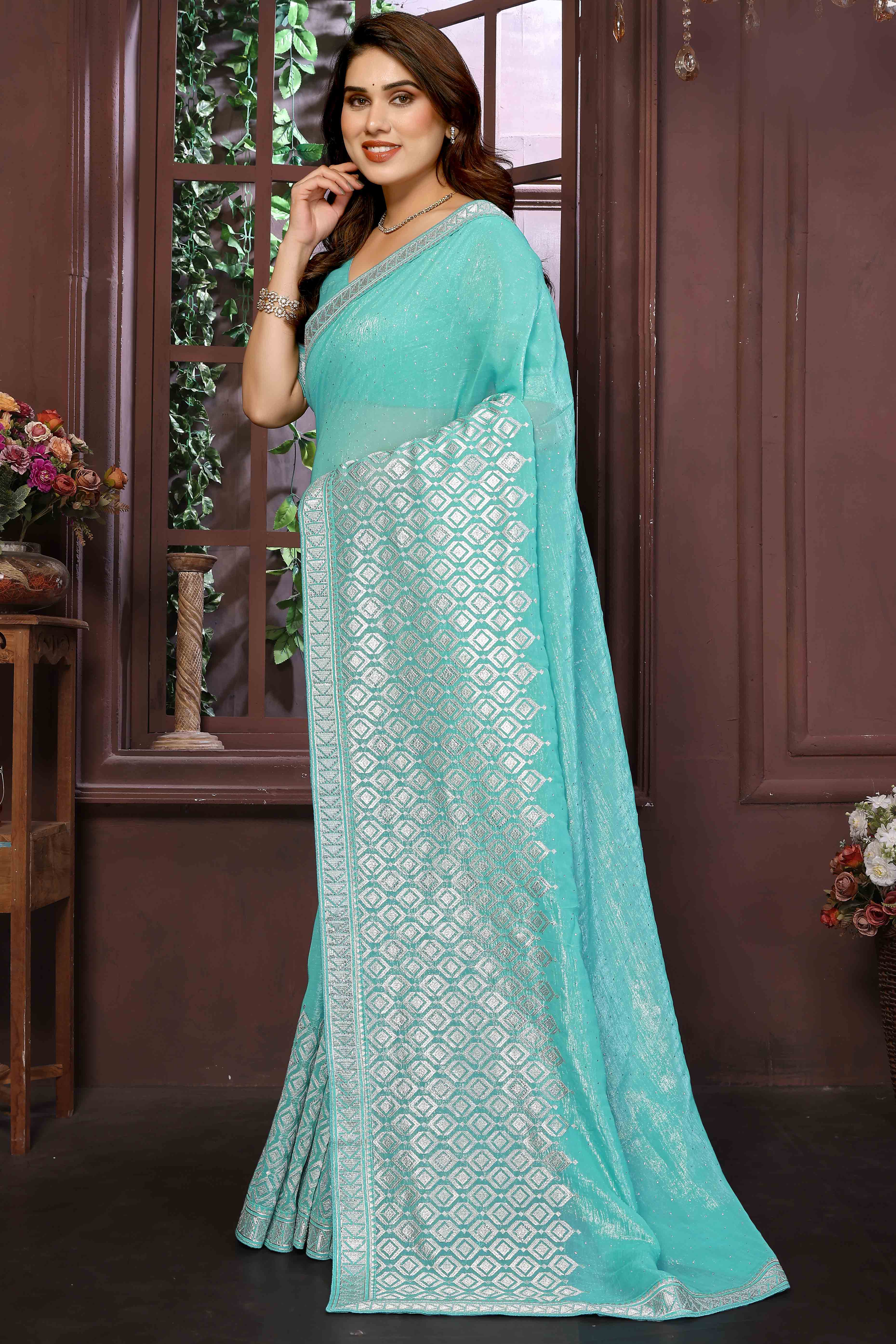 Turquoise Crunchy Saree With Swarovski Sparkle & Floral Zari Grace