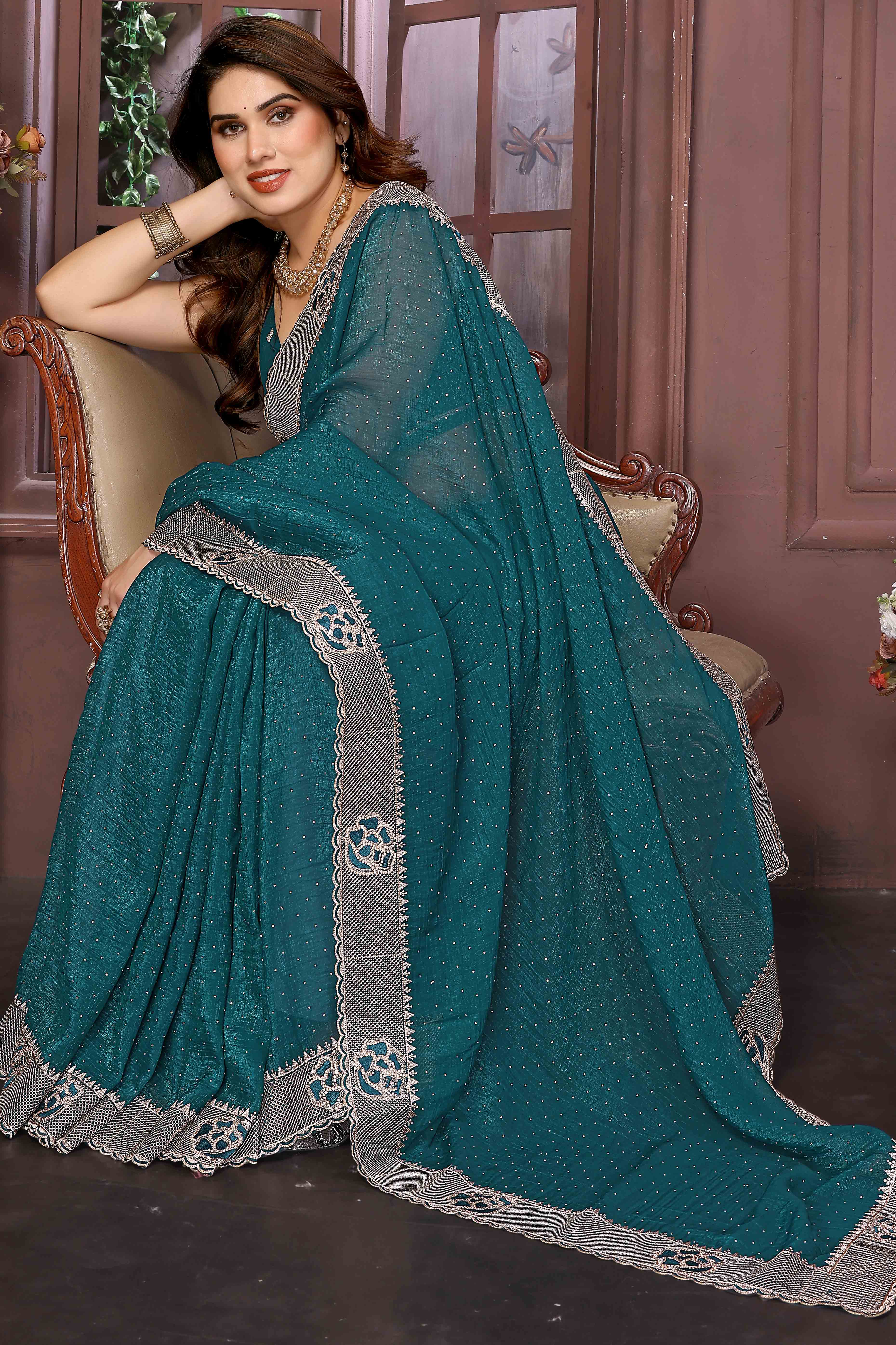 Teal Crunchy Saree Adorned With Swarovski Sparkle & Floral Zari Elegance