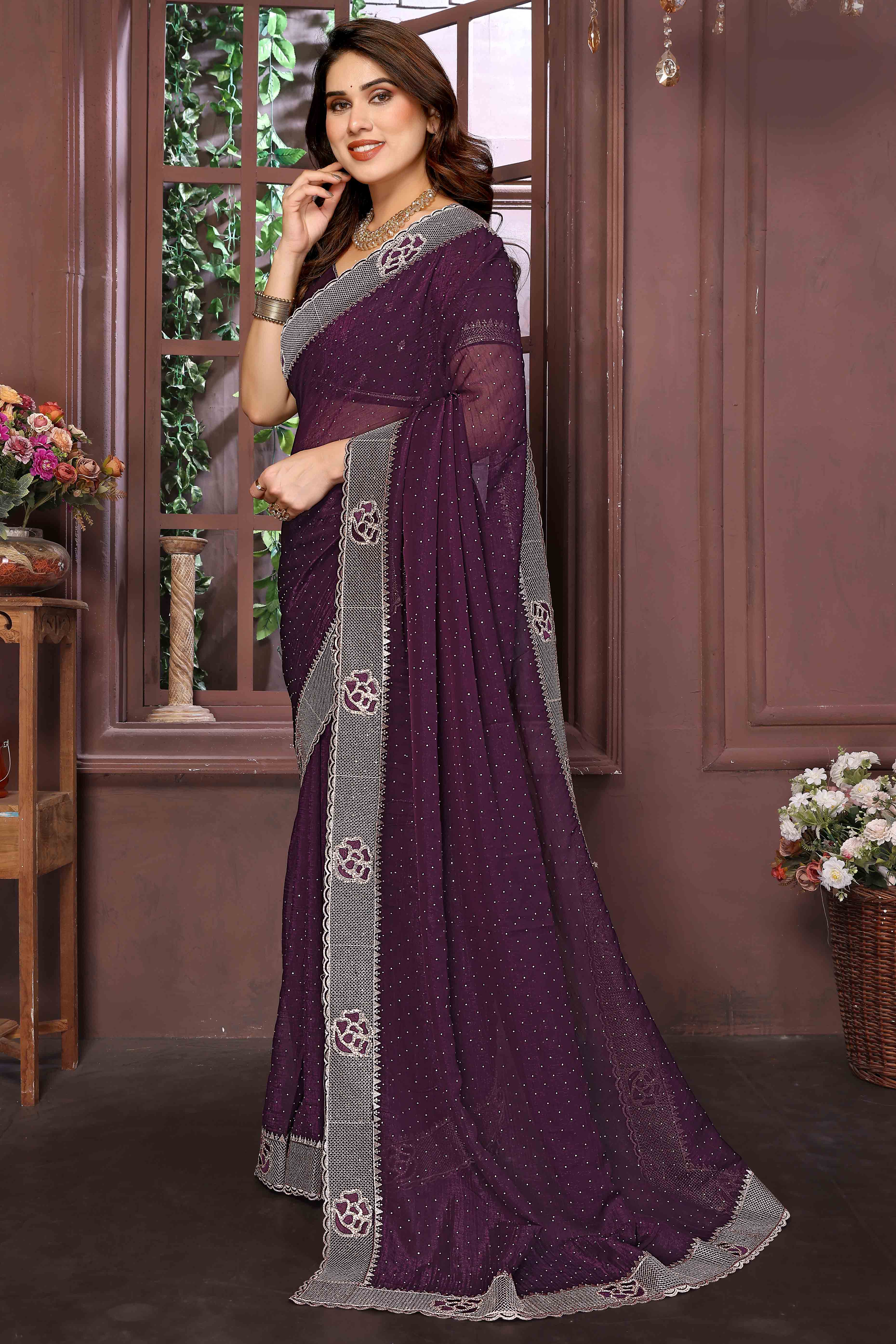 Wine Crunchy Saree Adorned With Swarovski Sparkle & Floral Zari Elegance