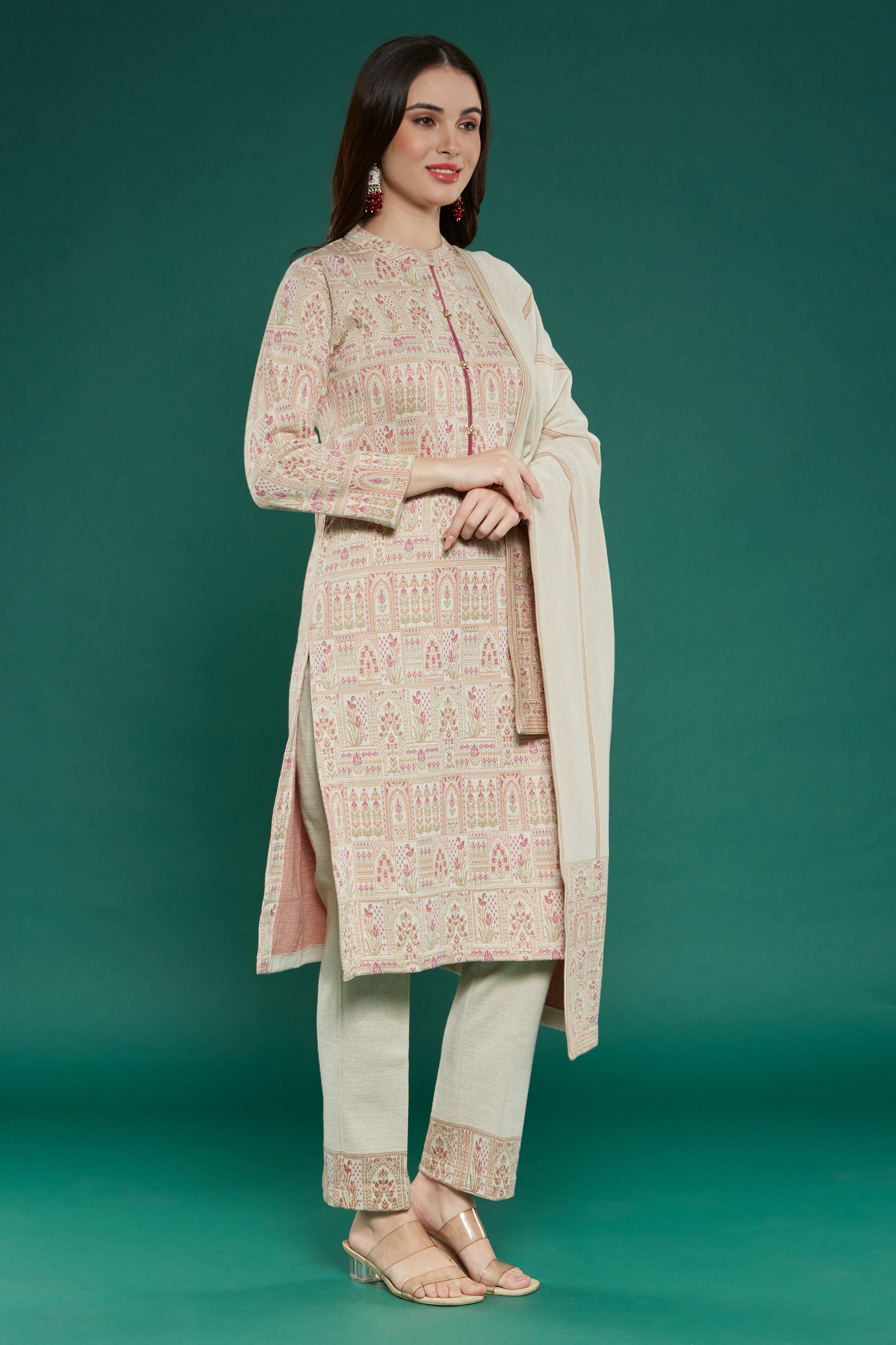 Beige Floral Woven Woolen Straight Salwar Suit