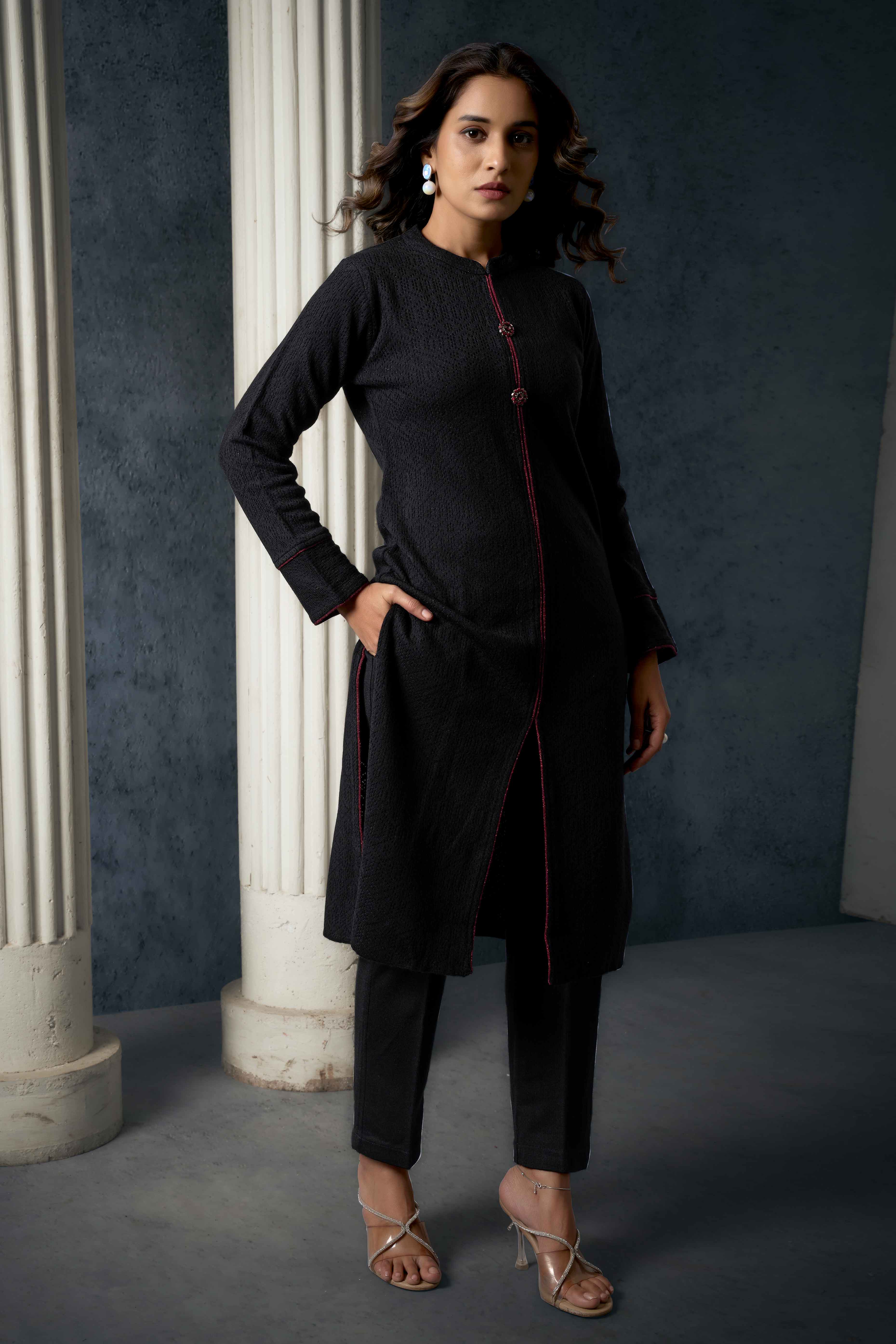 Black Weaving Woolen Front Slit Salwar Suit