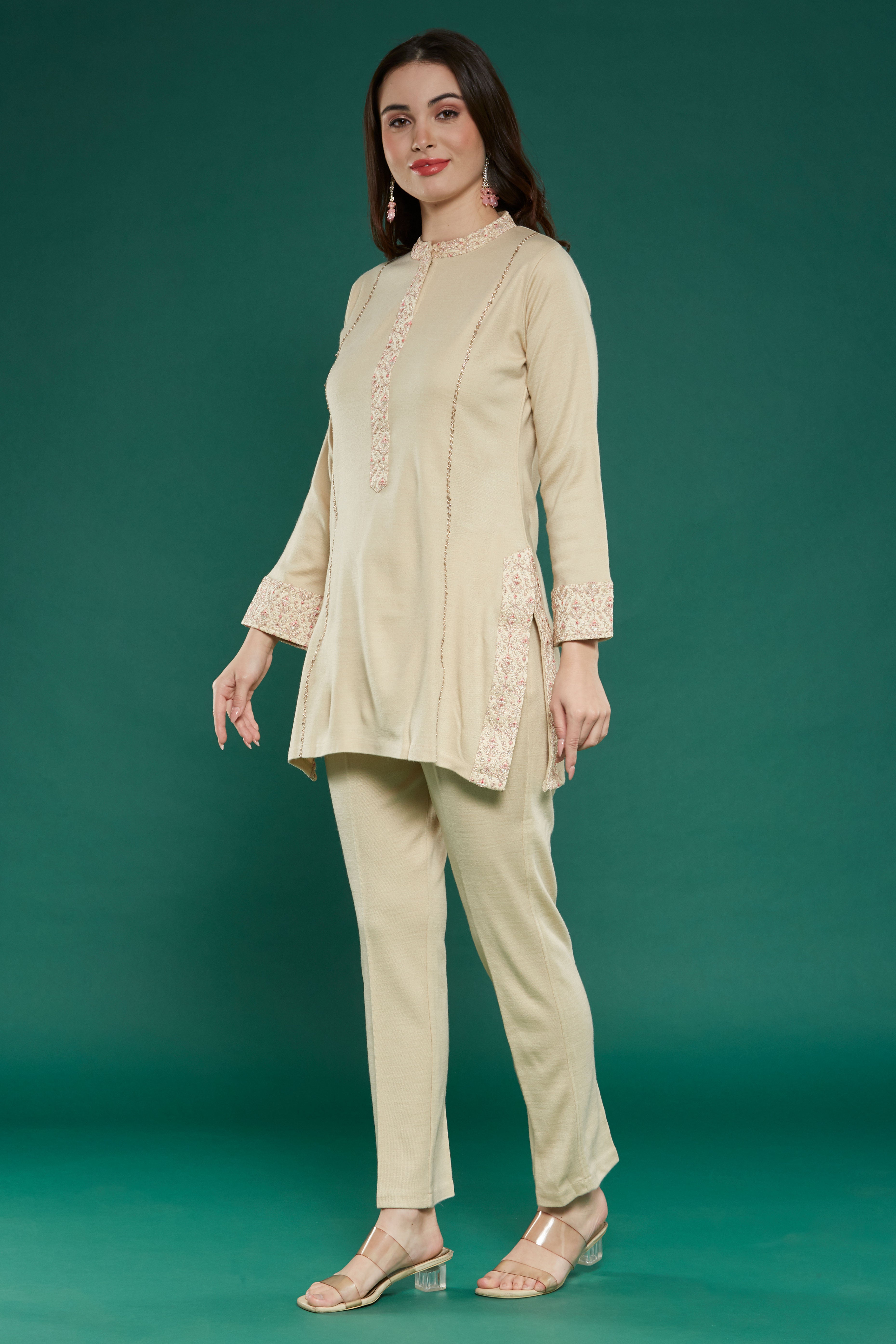 Beige Embroidered Woolen Straight Top Bottom Set