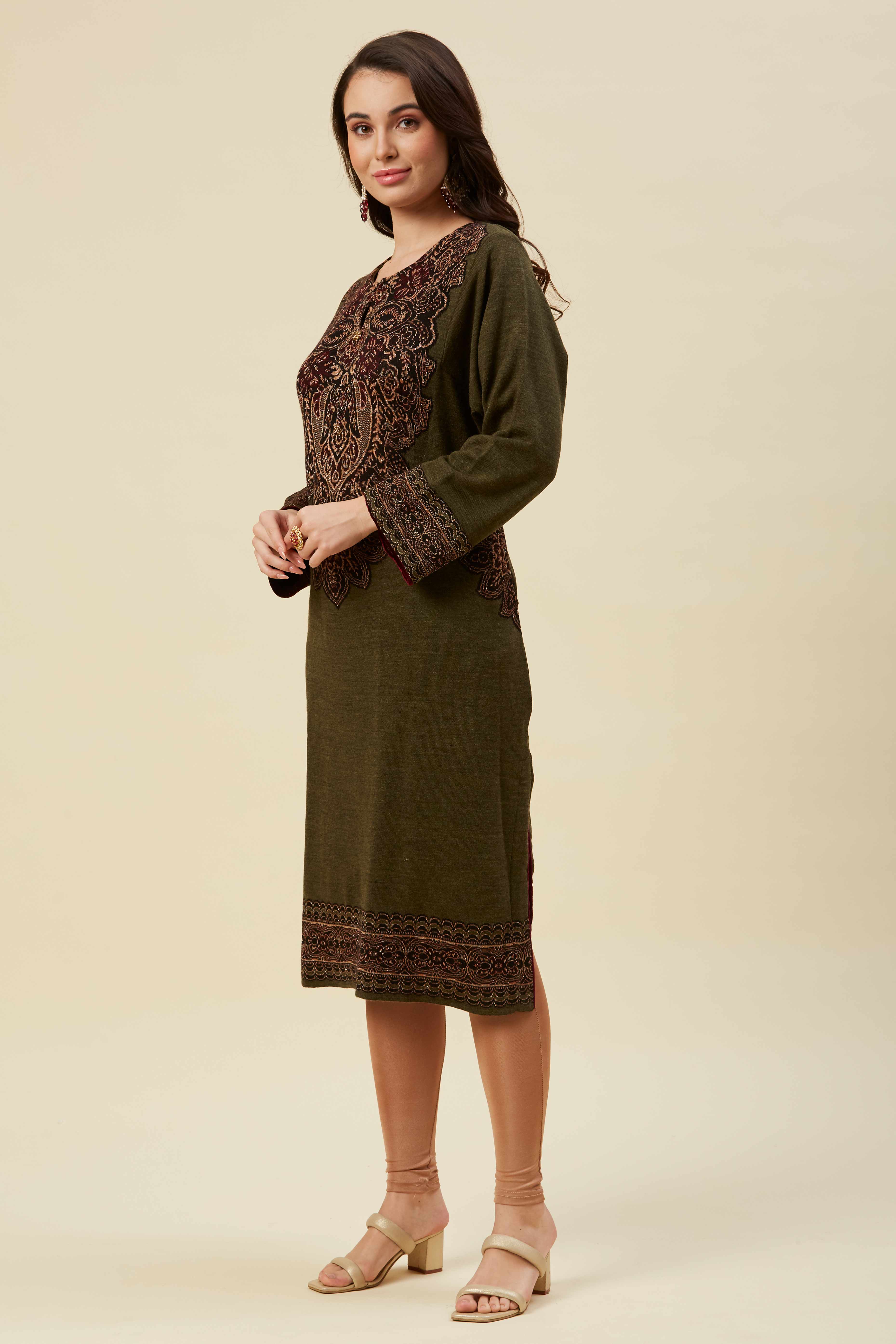 Olive Embroidered Woolen Straight Kurti