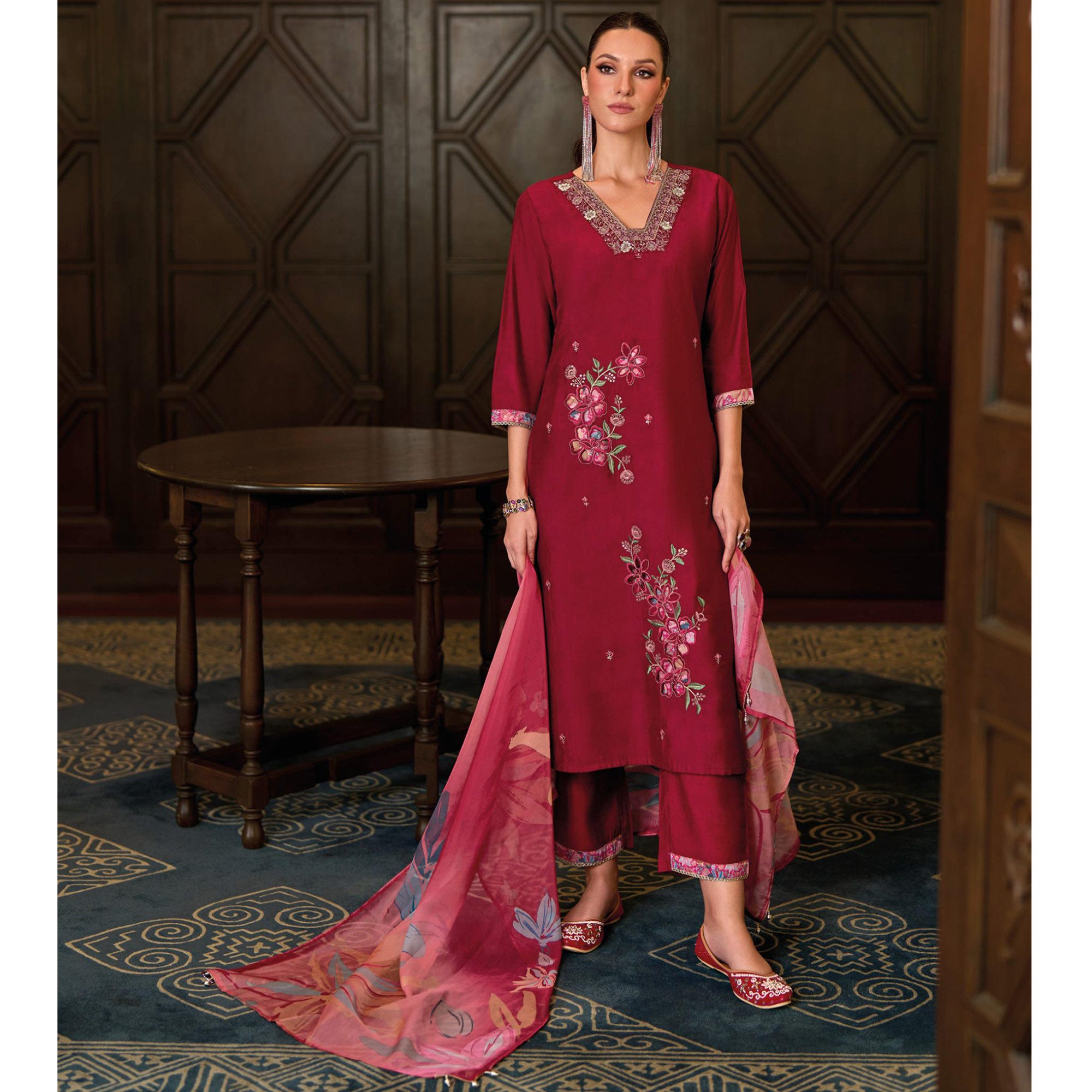 Magenta Floral Handwork Embroidered Viscose Salwar Suit