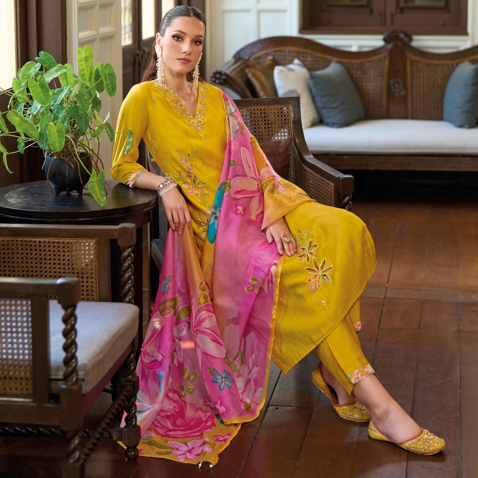 Mustard Floral Handwork Embroidered Viscose Salwar Suit