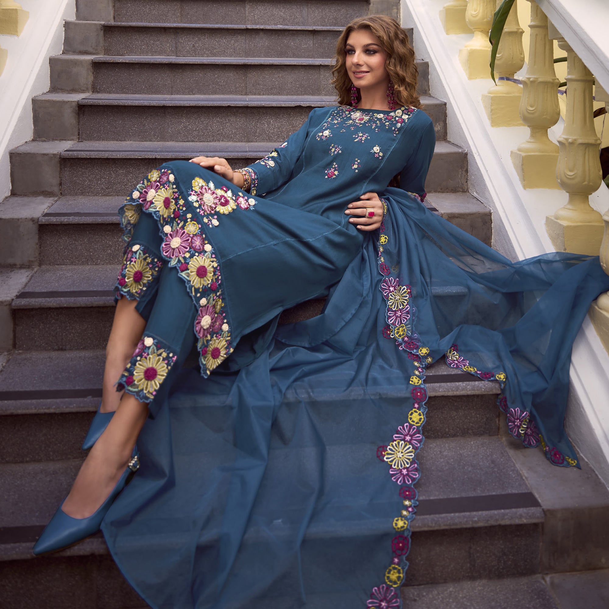 Teal Floral Handwork Embroidered Viscose Salwar Suit