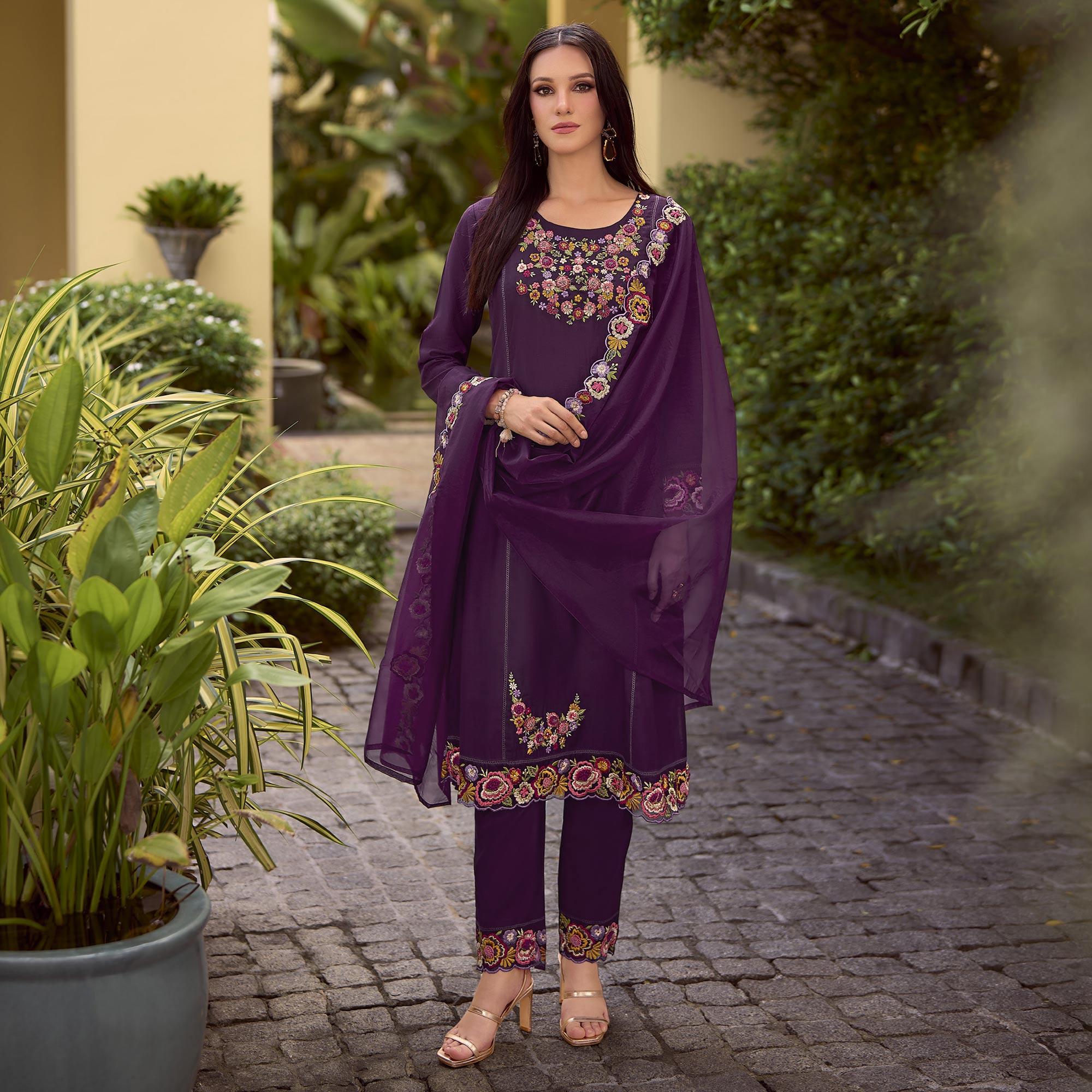Purple Floral Handwork Embroidered Viscose Salwar Suit
