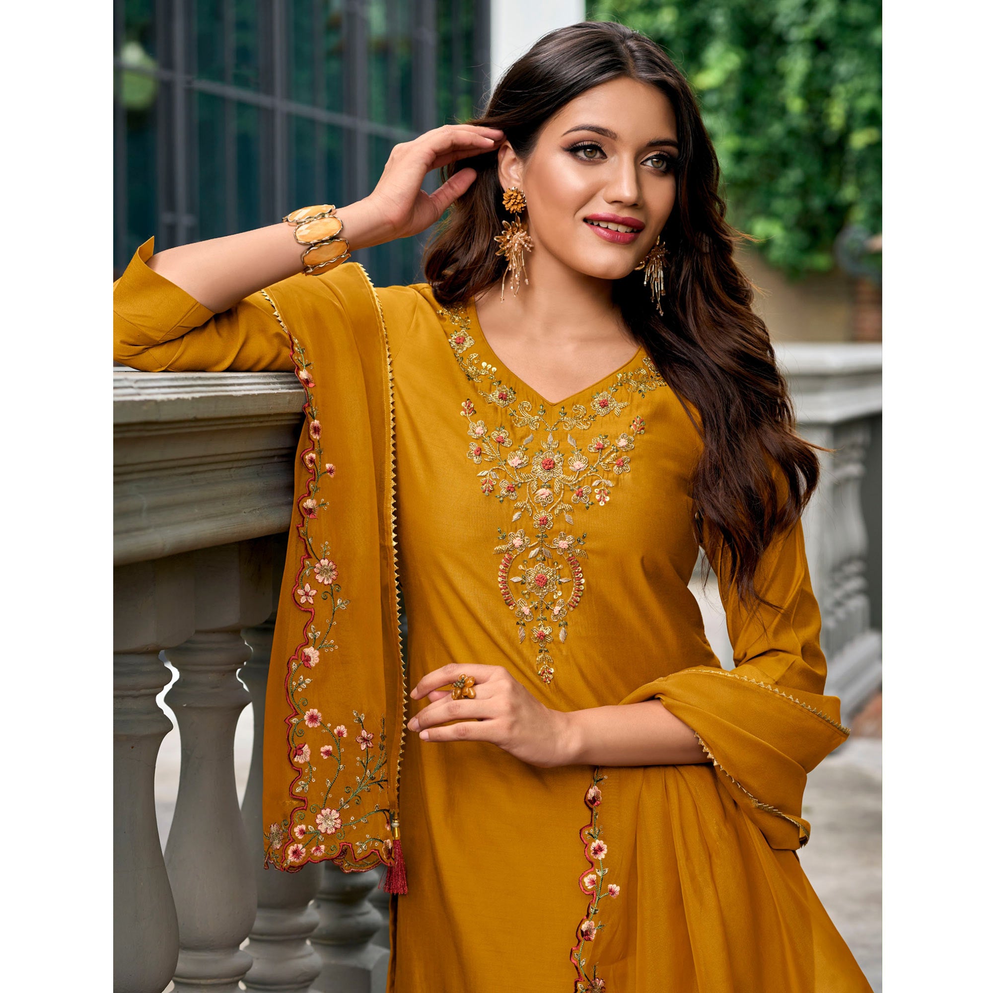 Mustard Floral Embroidery Chanderi Silk Suit