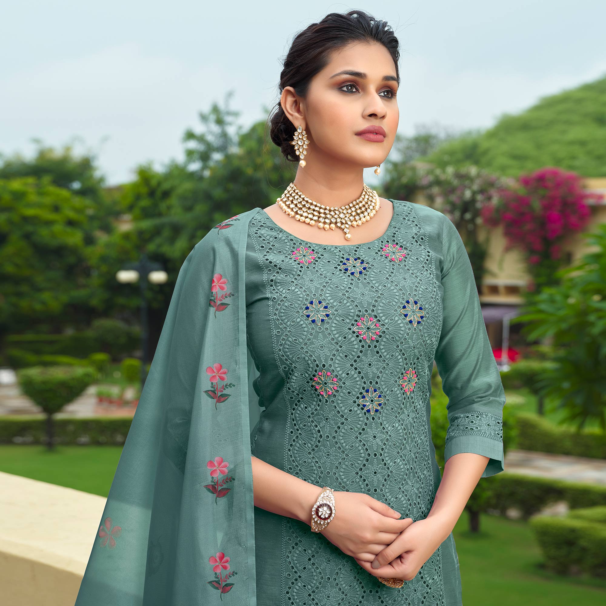 Green Chikankari Work Cotton Silk Salwar Suit - Image 5