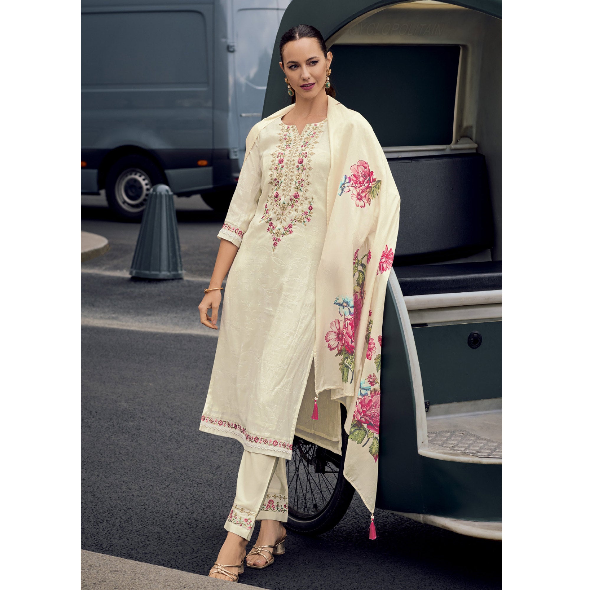 Cream Floral Sequins Embroidery With Handwork Viscose Salwar Suit