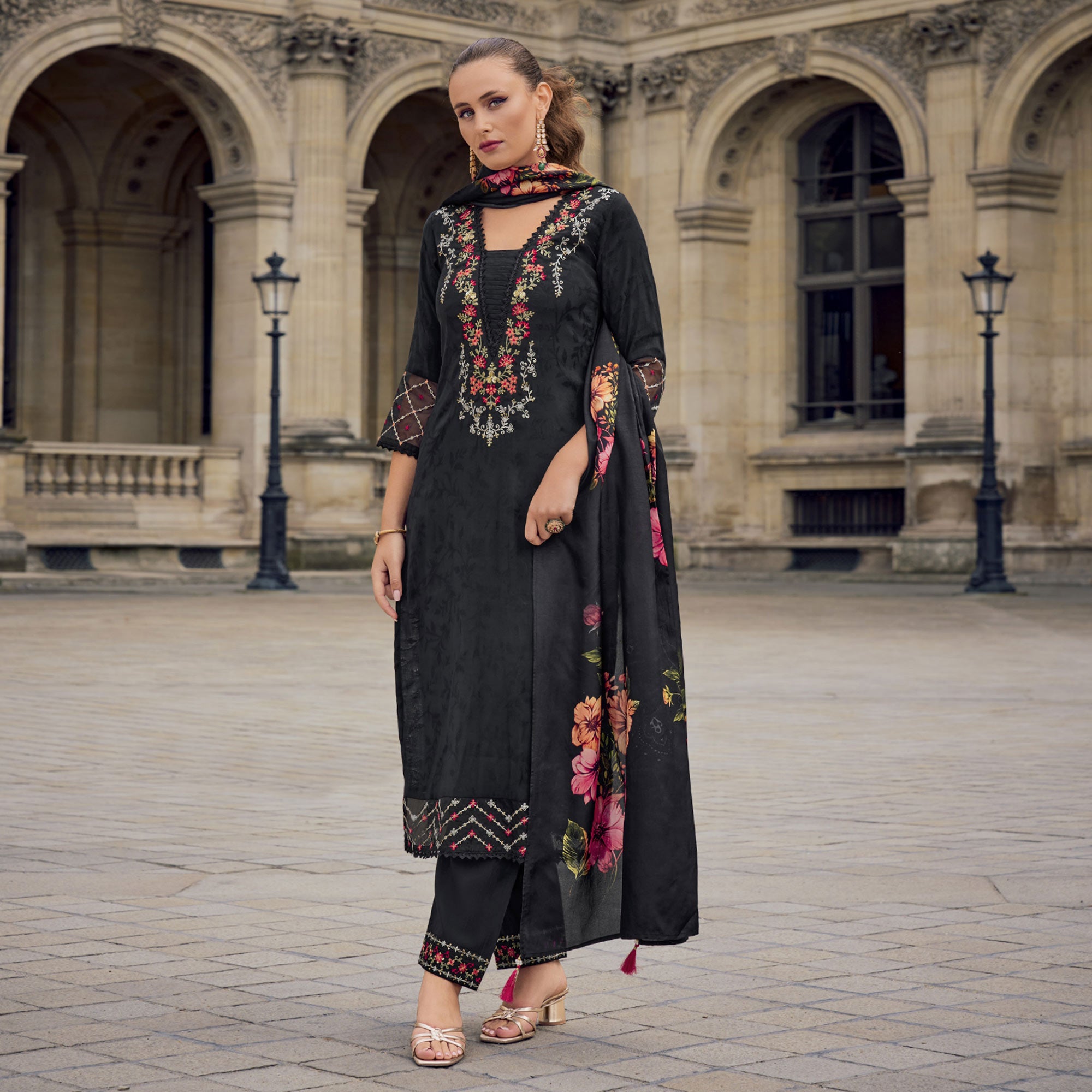 Black Floral Sequins Embroidery With Handwork Viscose Salwar Suit