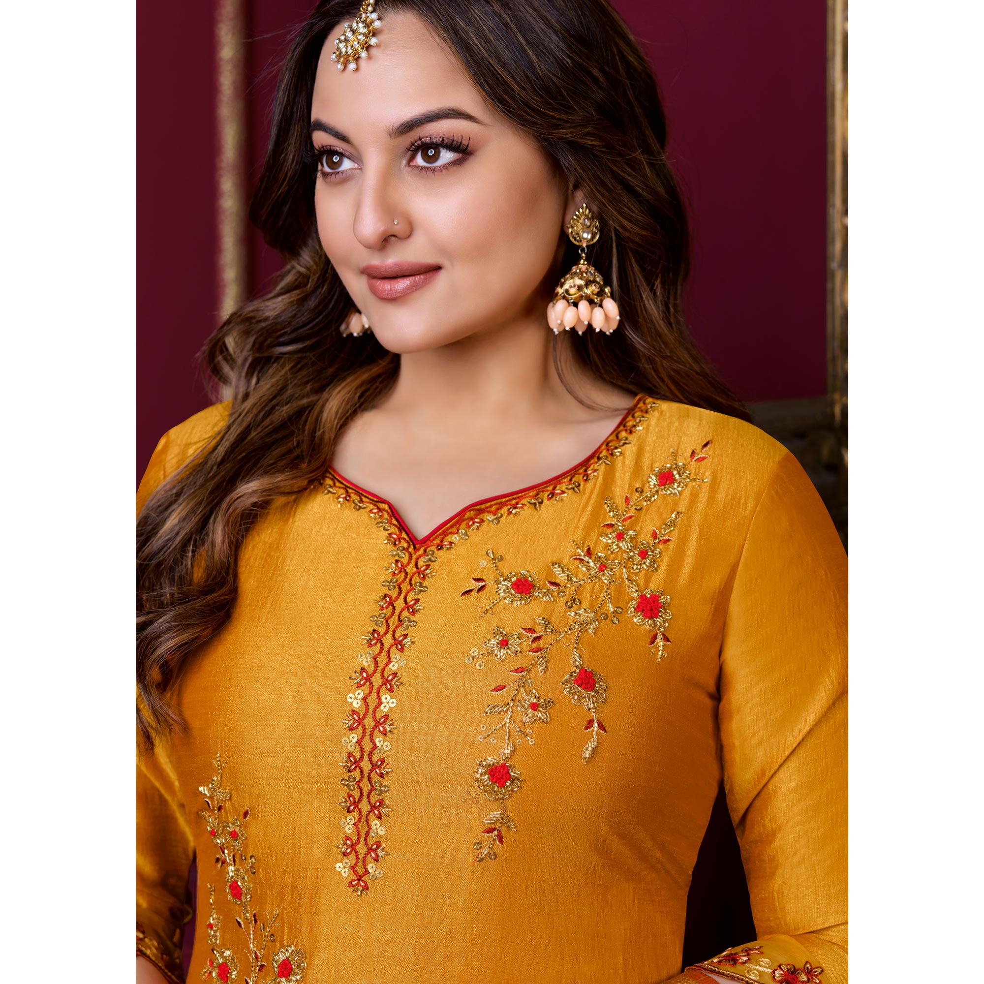 Mustard Floral Sequins Embroidered Cotton Silk Suit