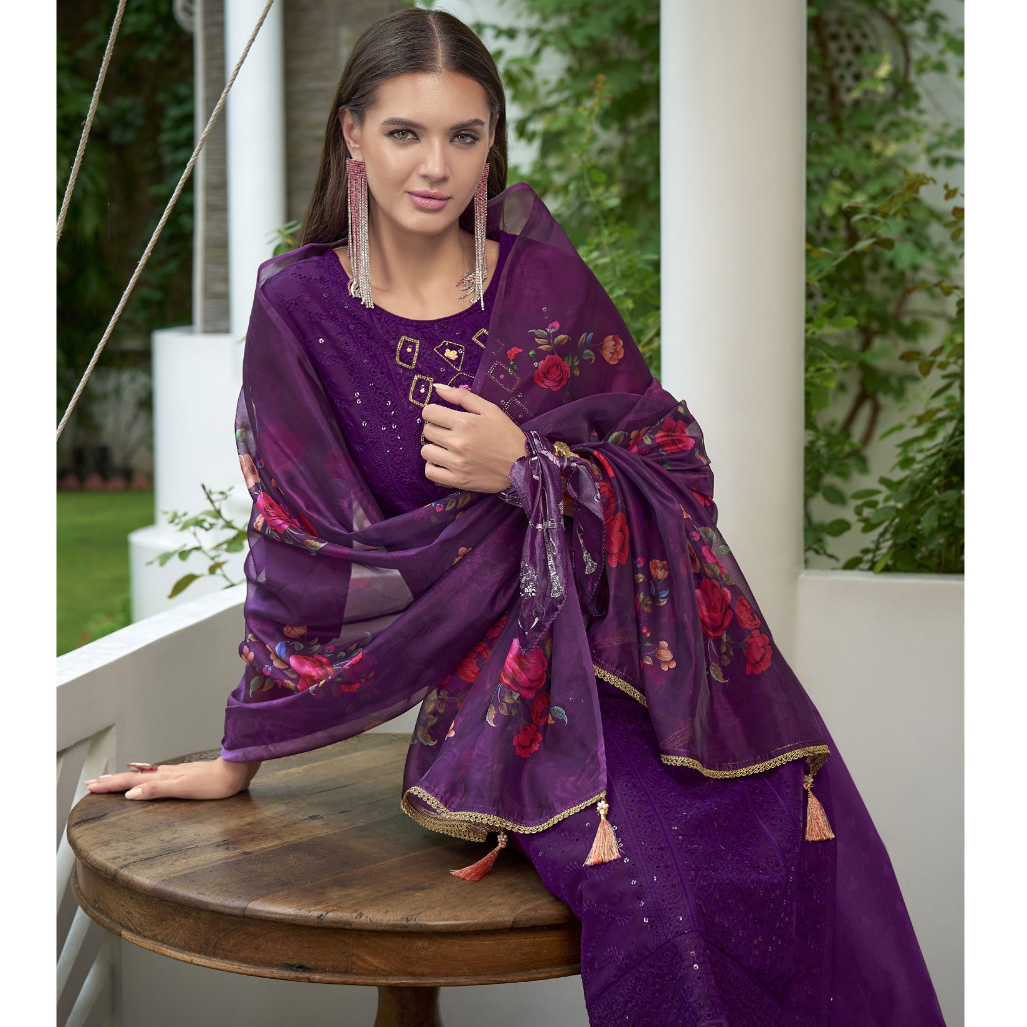 Purple Chikankari With Handwork Organza Salwar Suit