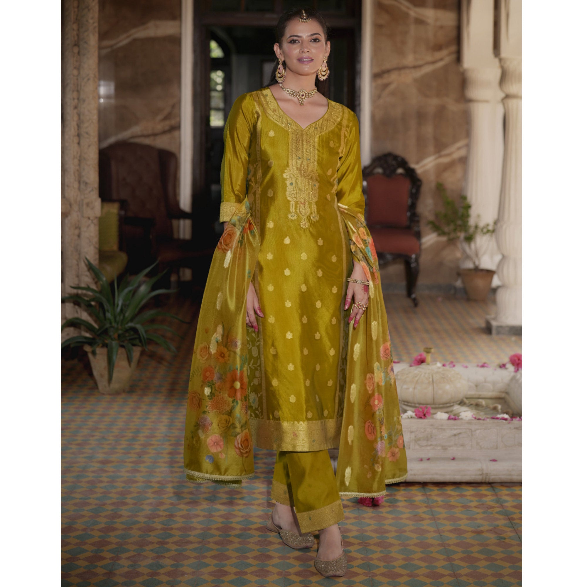 Olive Green Floral Woven With Handwork Organza Salwar Suit