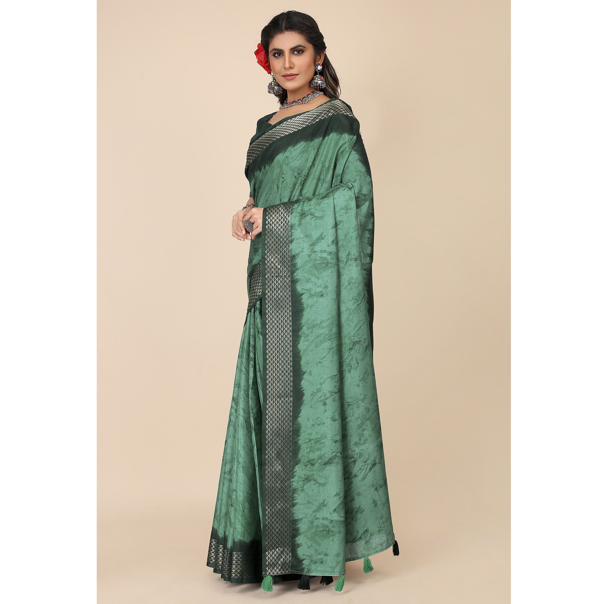 Turquoise Printed Cotton Silk Saree With Zari Border