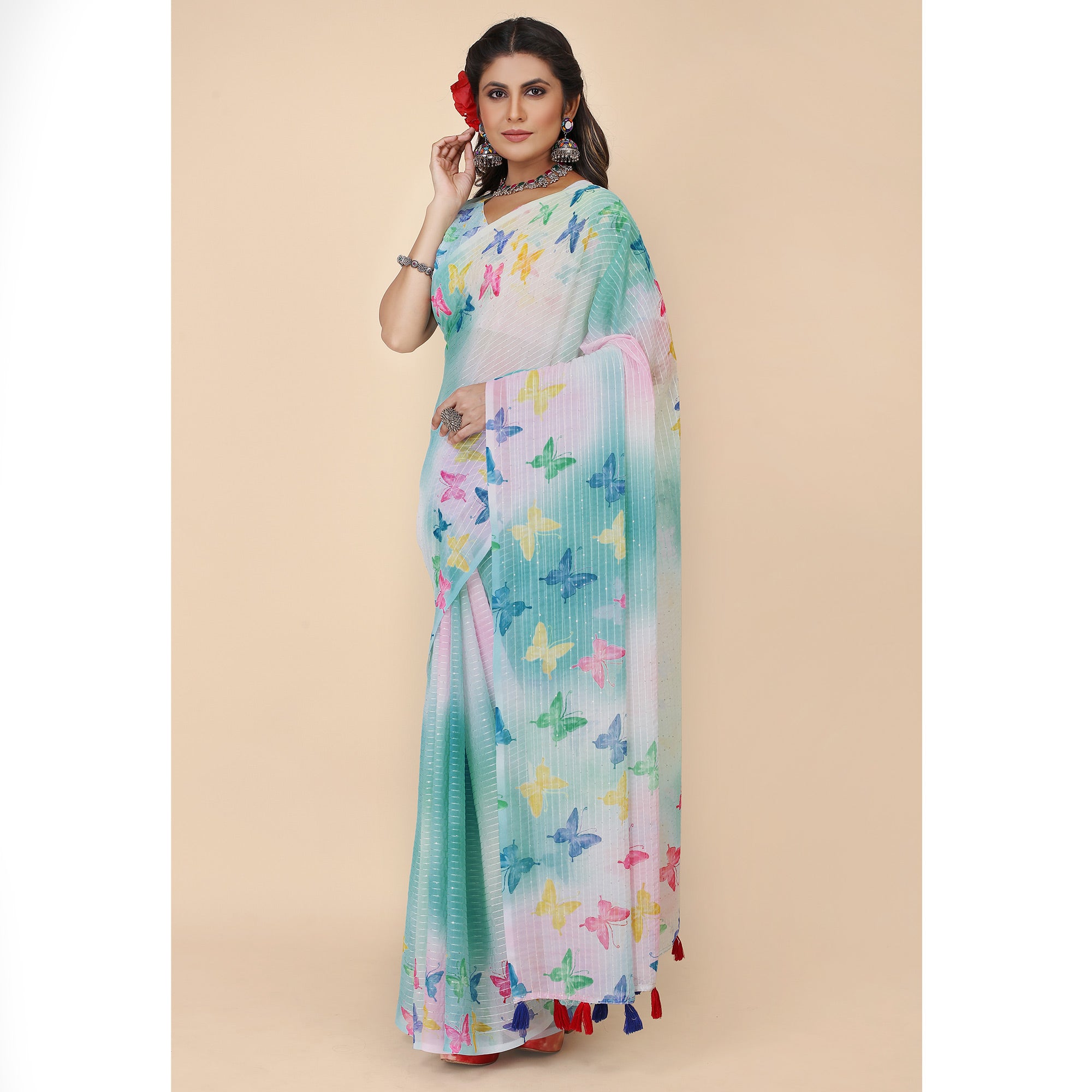 Blue Digital Printed With Sequins Work Georgette Saree