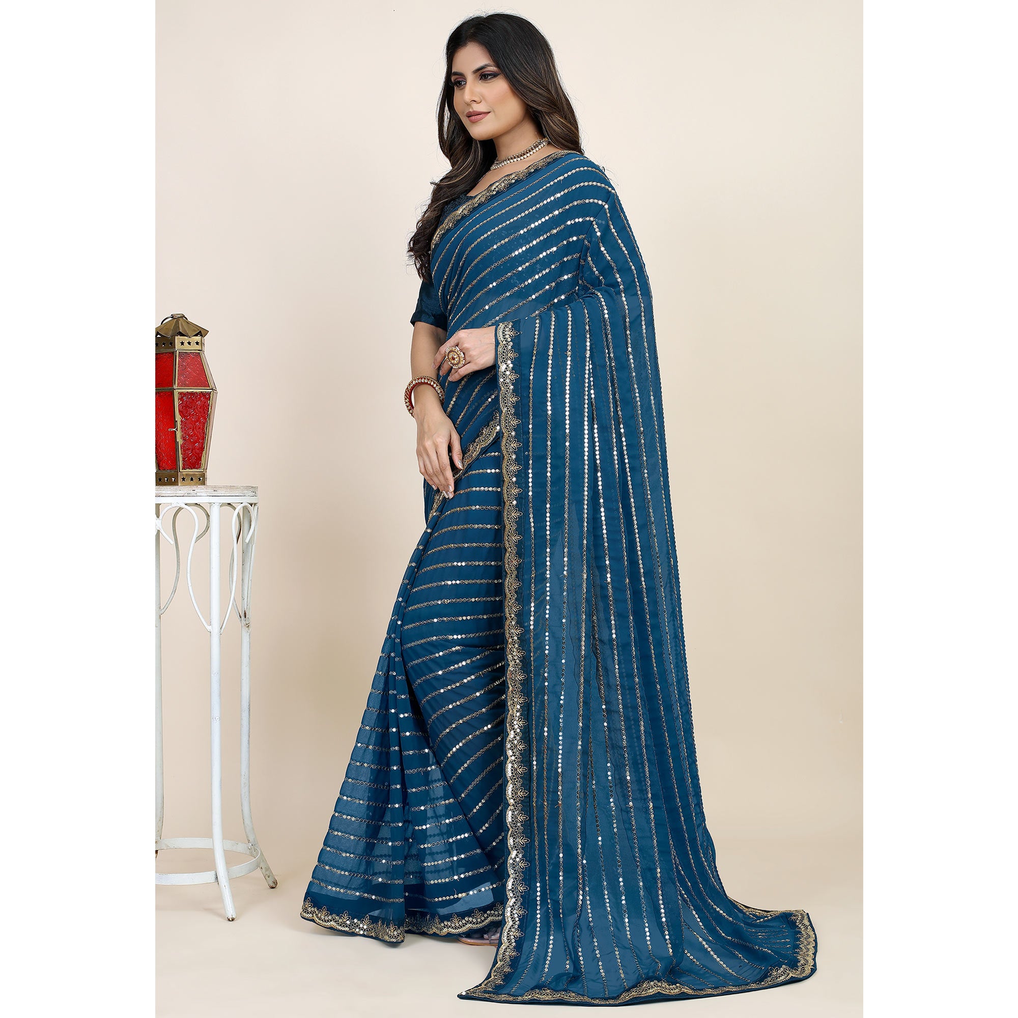Morpich Sequins Embroidered Georgette Saree