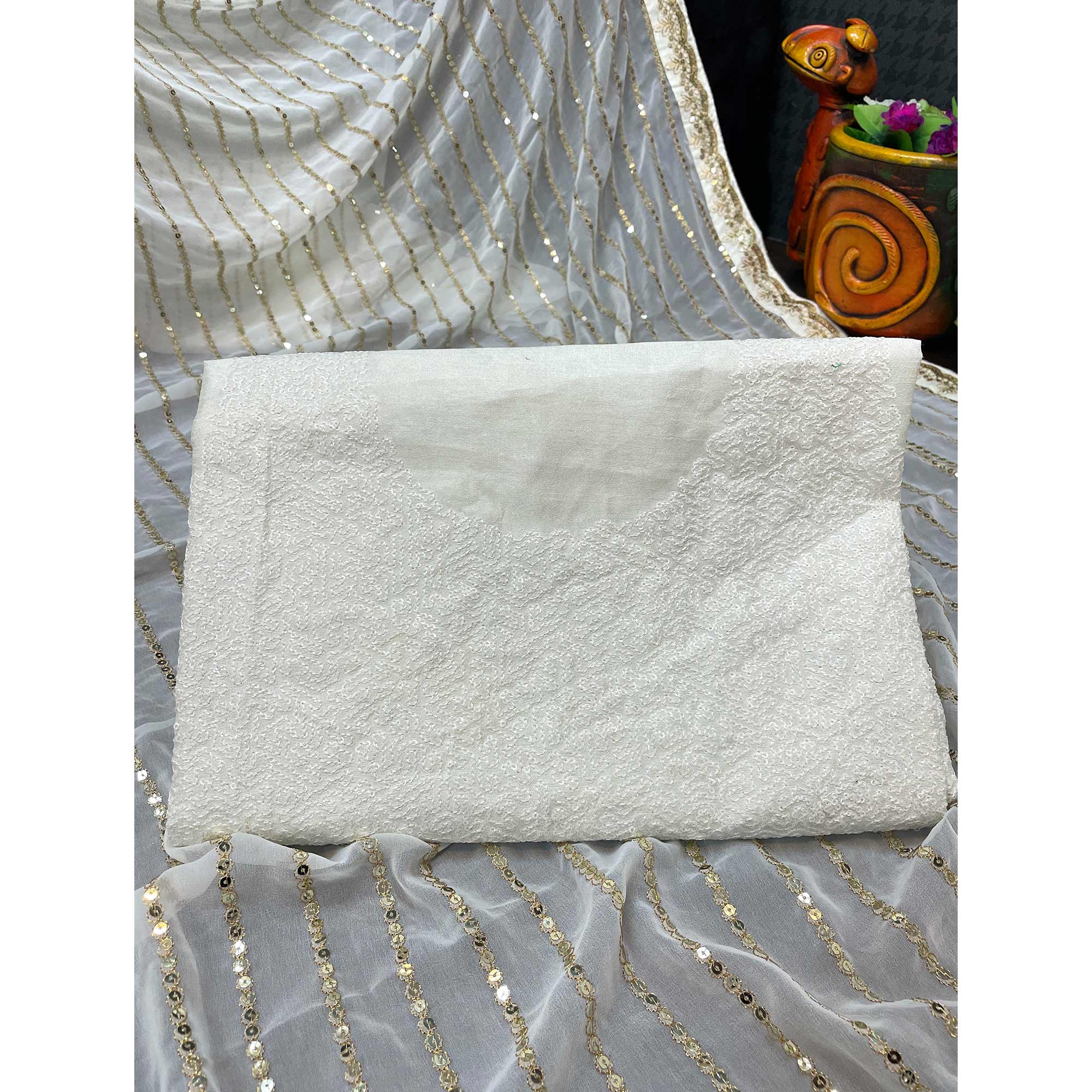 Off White Sequins Embroidered Georgette Saree