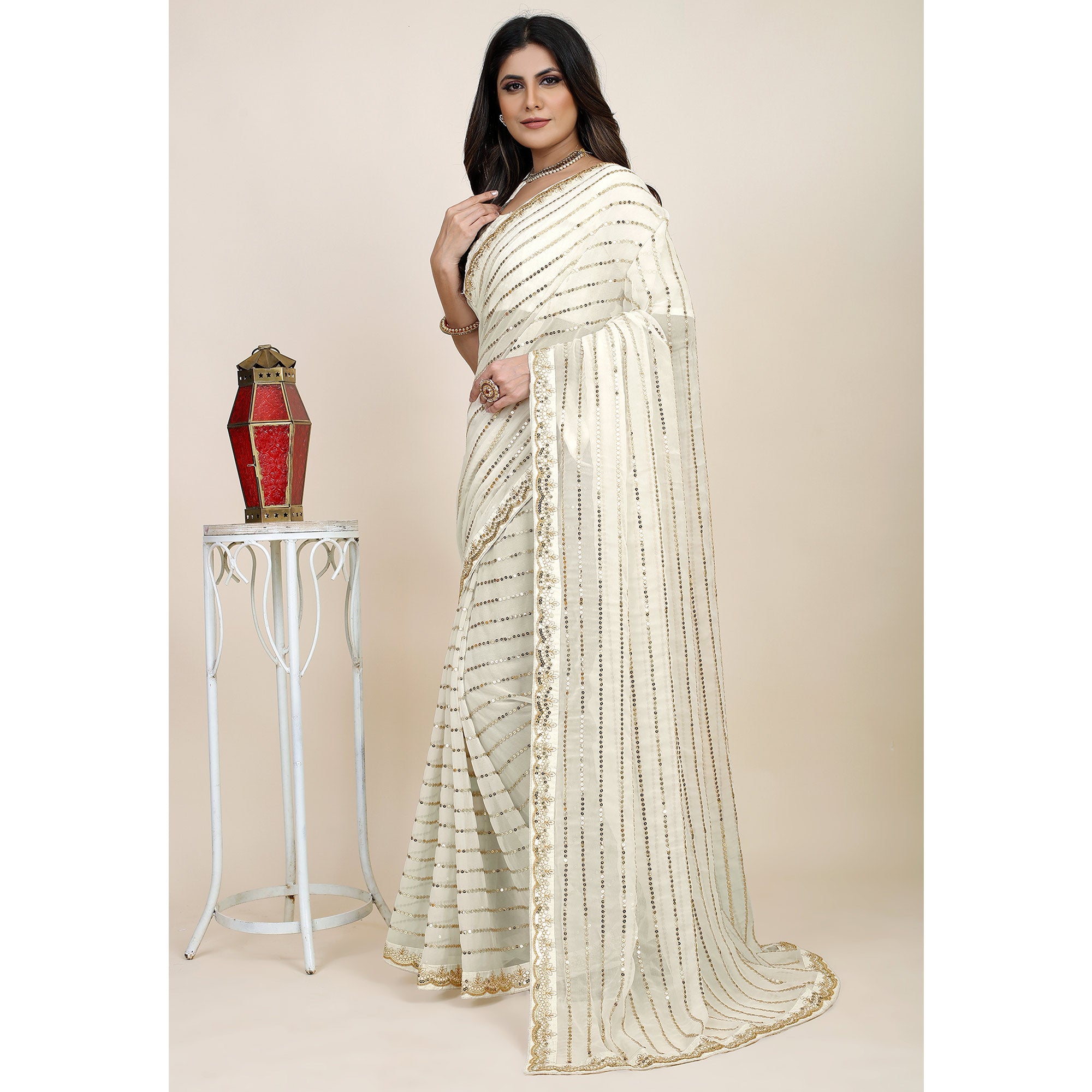 Off White Sequins Embroidered Georgette Saree