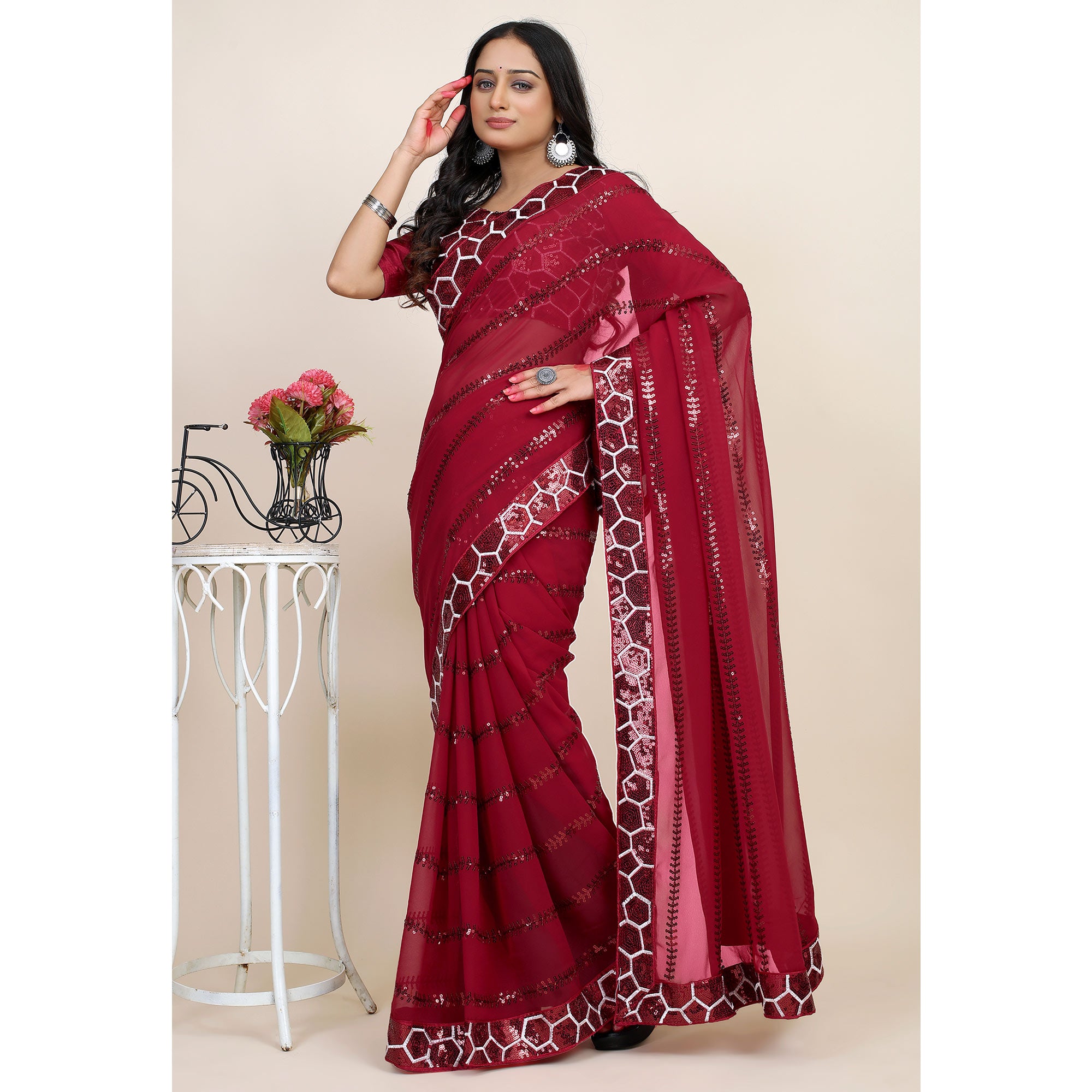 Maroon Sequins Embroidered Georgette Saree