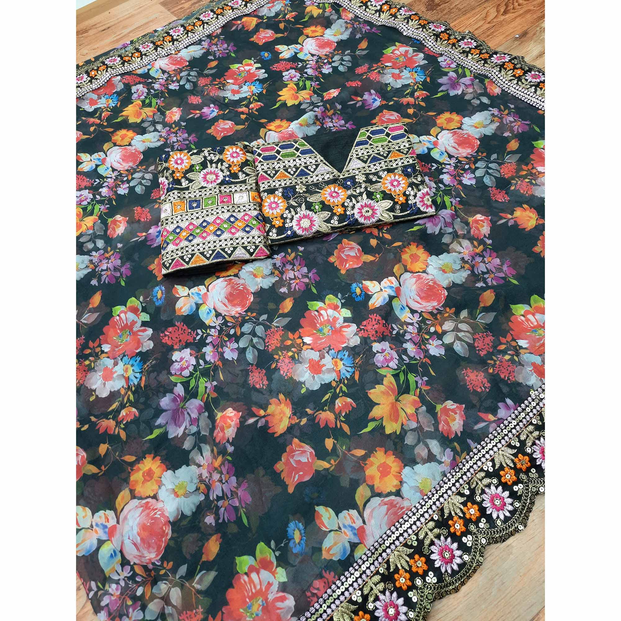 Black Floral Digital Printed Georgette Saree With Embroidered Border