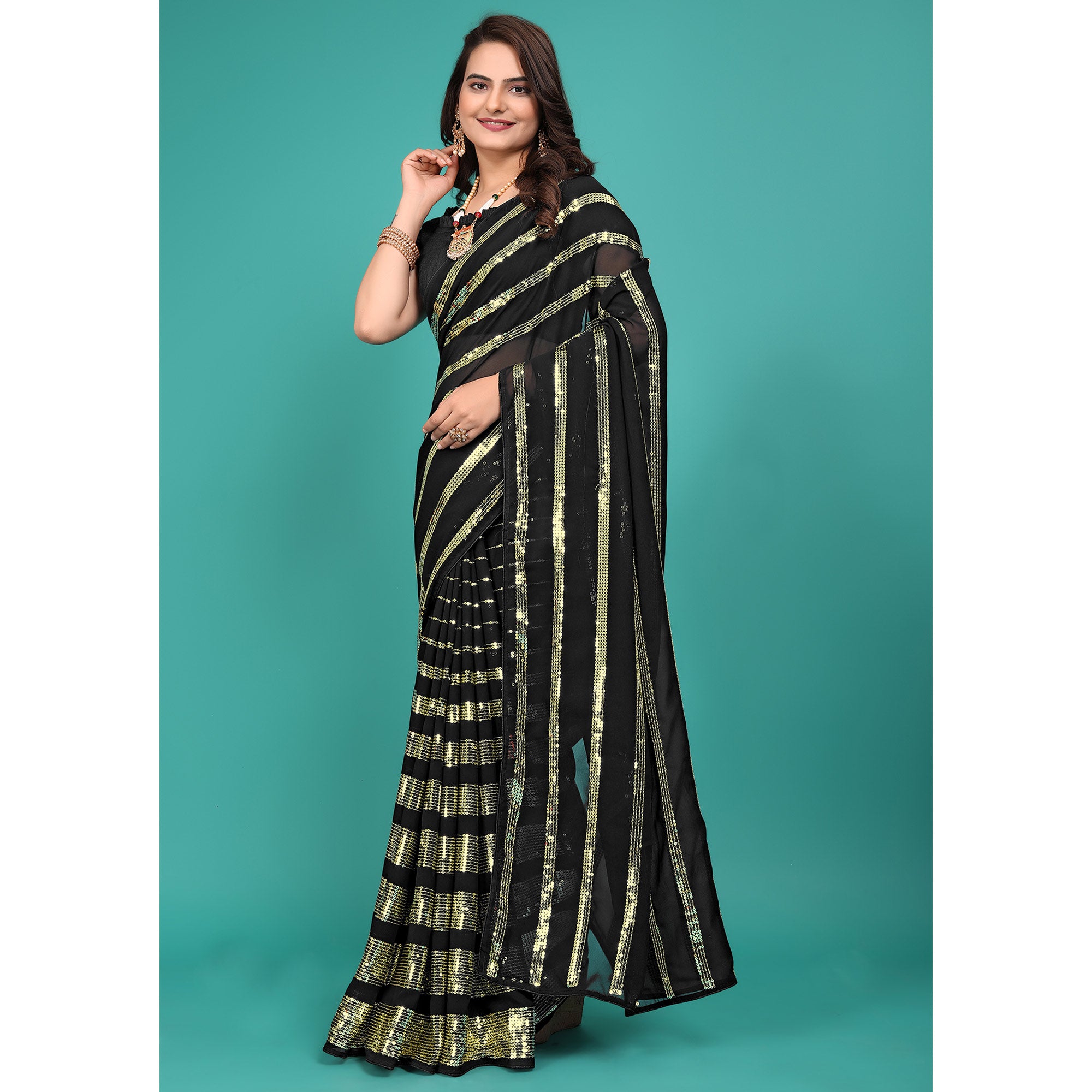 Black Sequins Embroidered Georgette Saree