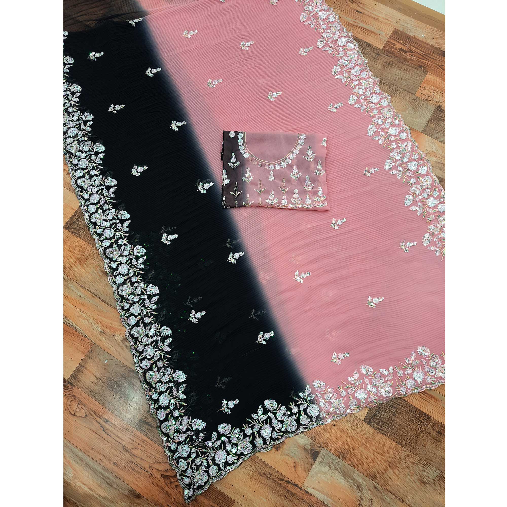 Black & Pink Sequins Embroidered Georgette Crush Saree