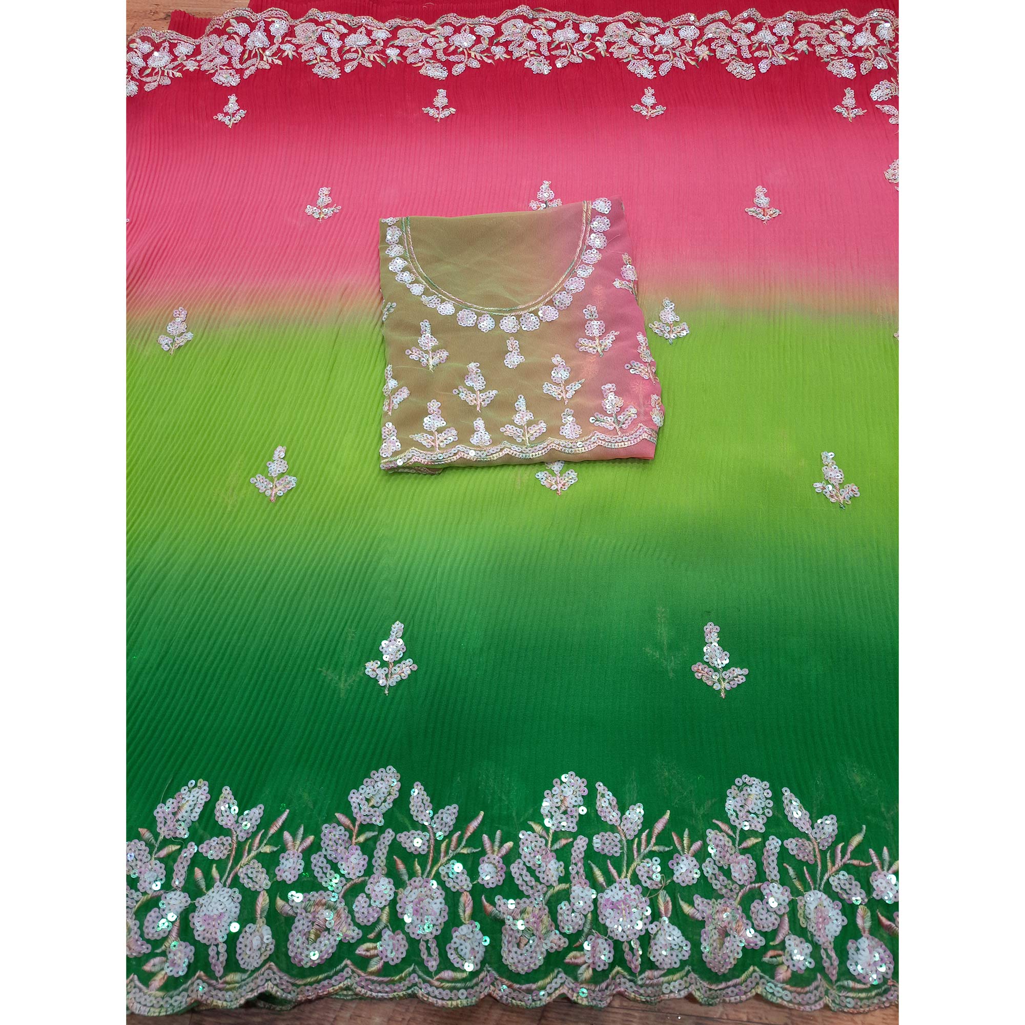 Green & Pink Sequins Embroidered Georgette Crush Saree