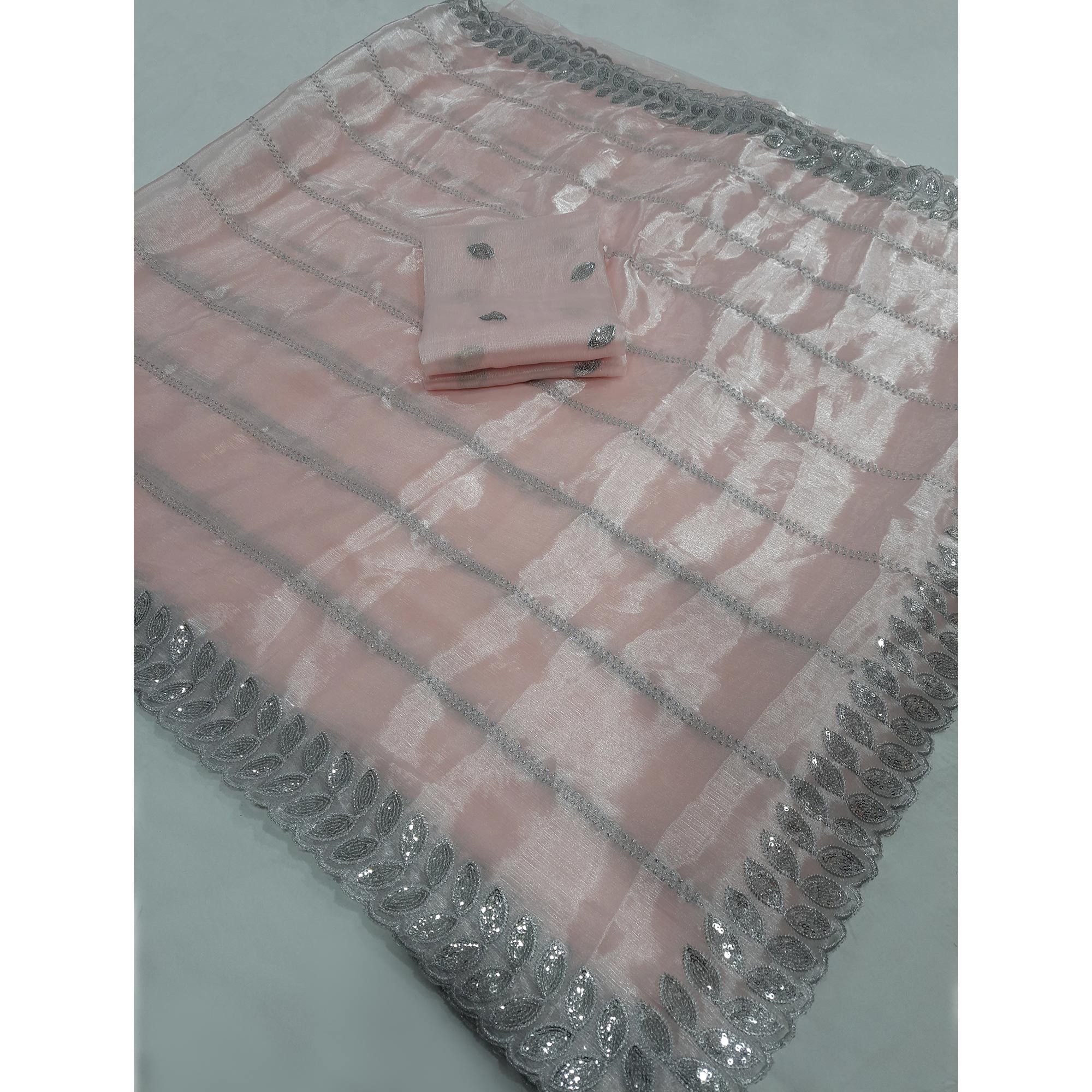 Peach Embroidered Chiffon Saree With Sequins Border