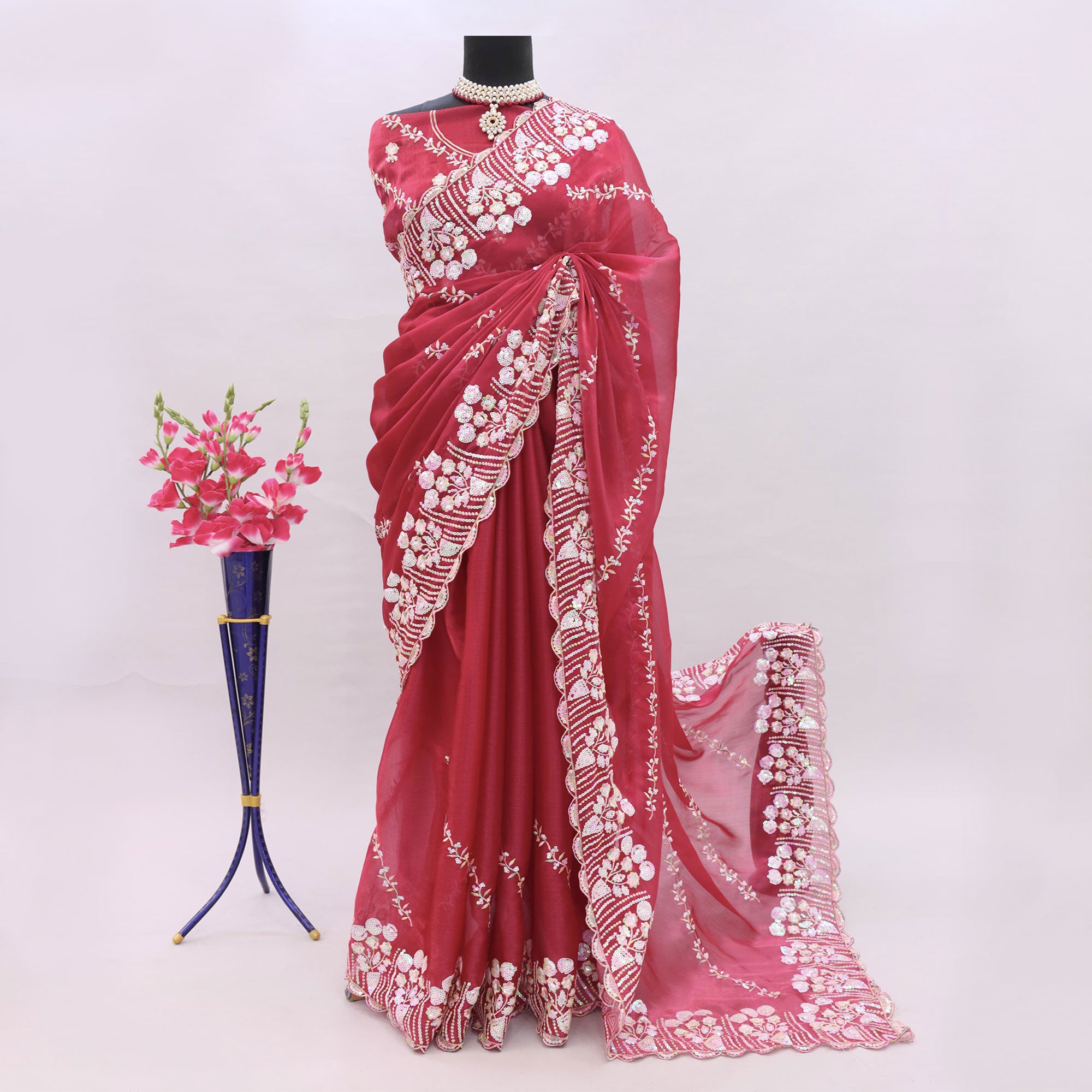 Plum Red Sequins Embroidered Chiffon Saree