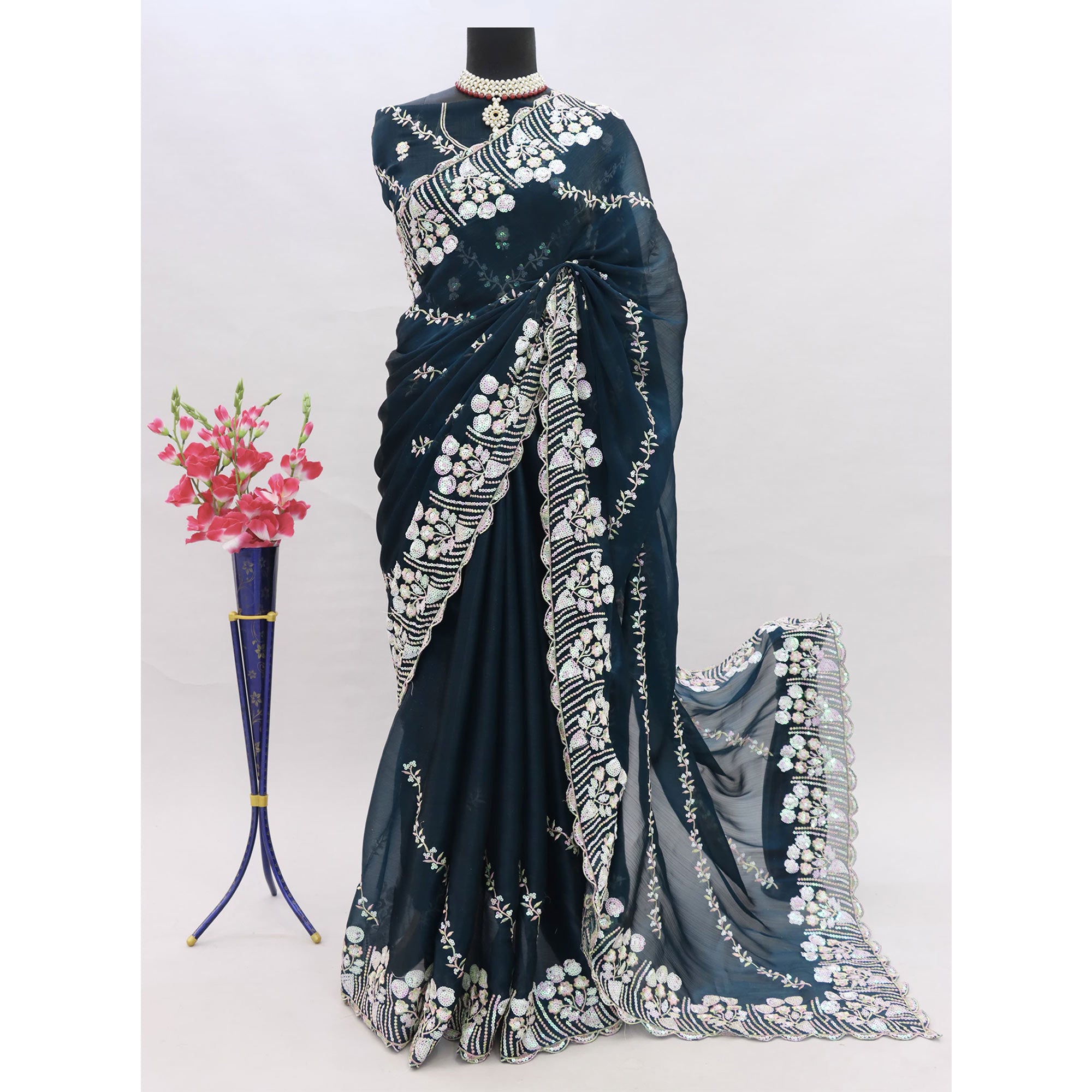 Teal Sequins Embroidered Chiffon Saree