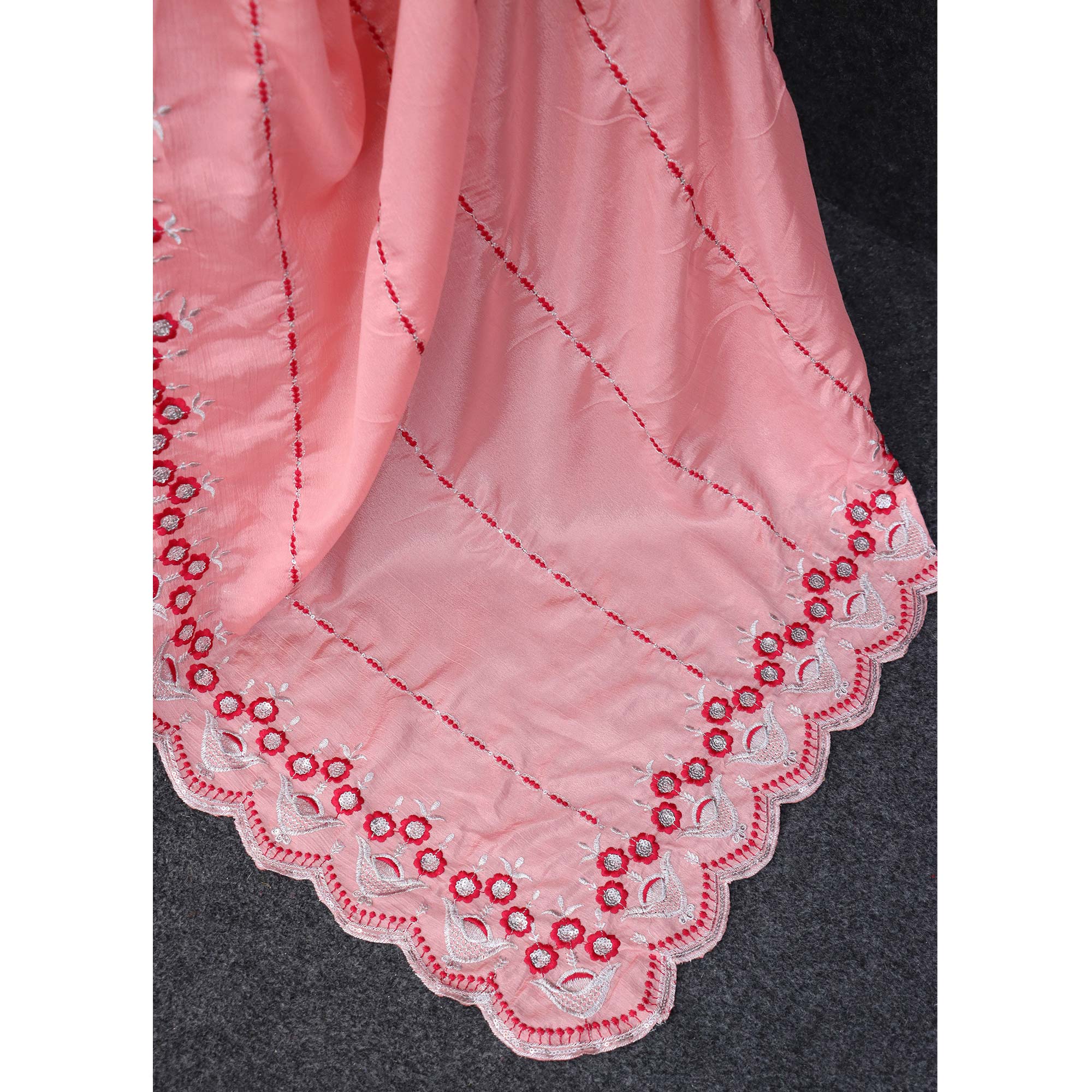 Peach Sequins Embroidered Chinon Saree