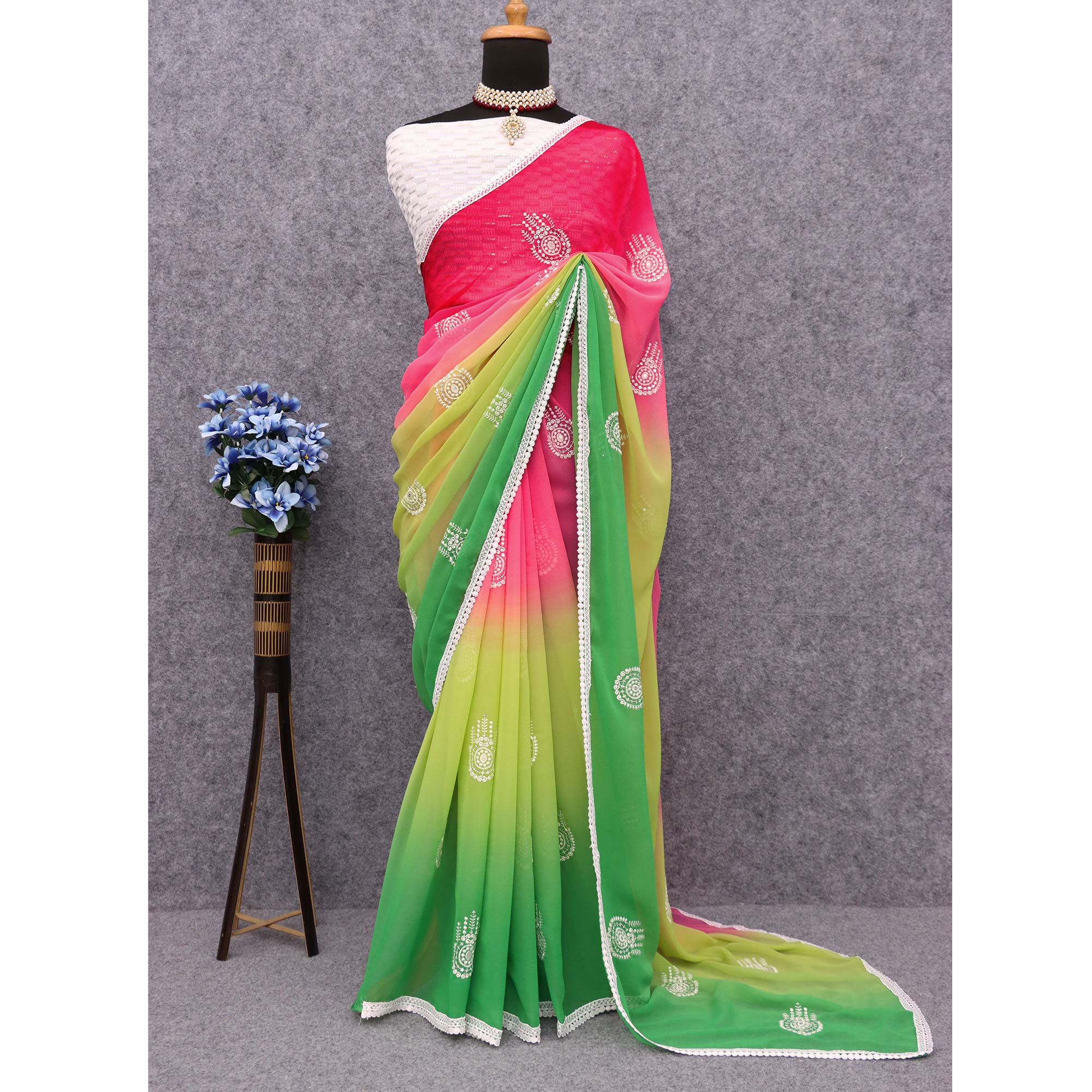 Pink & Green Sequins Embroidered Georgette Saree