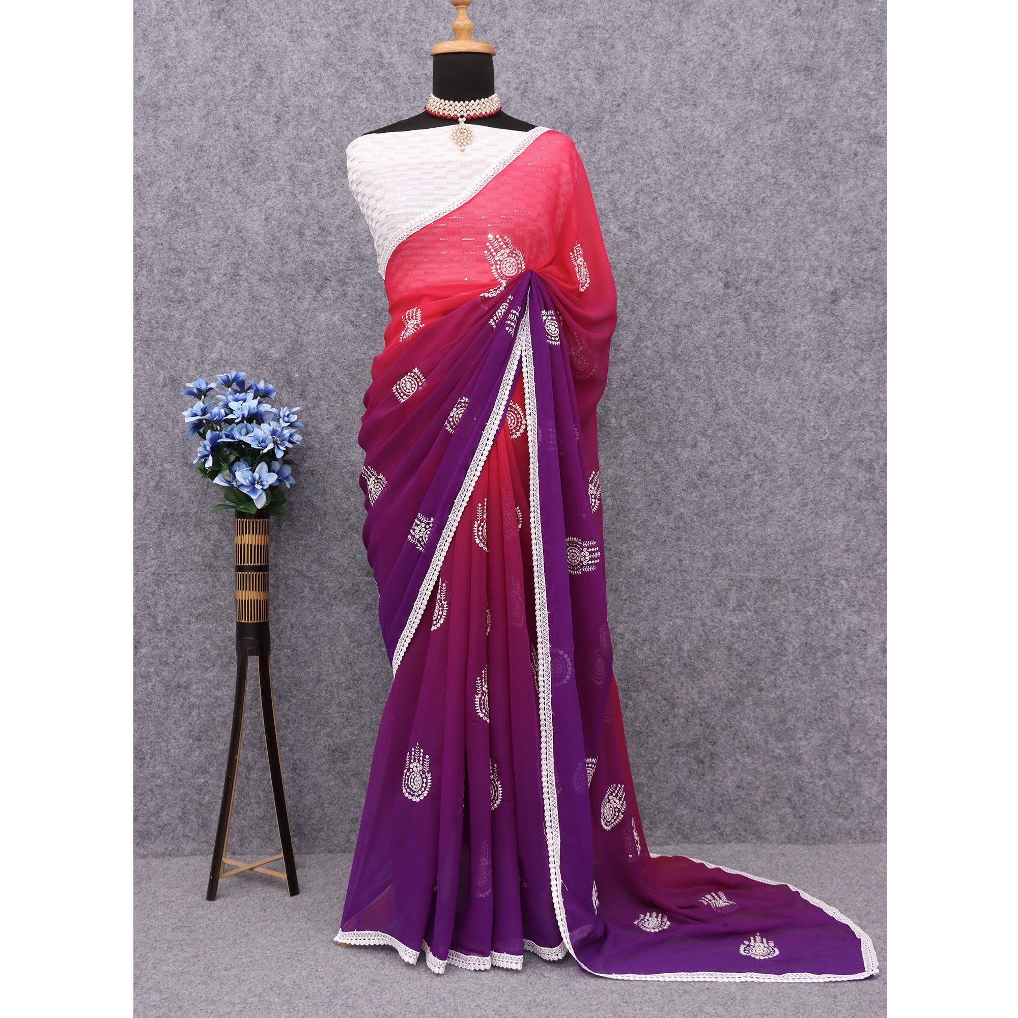 Pink & Purple Sequins Embroidered Georgette Saree