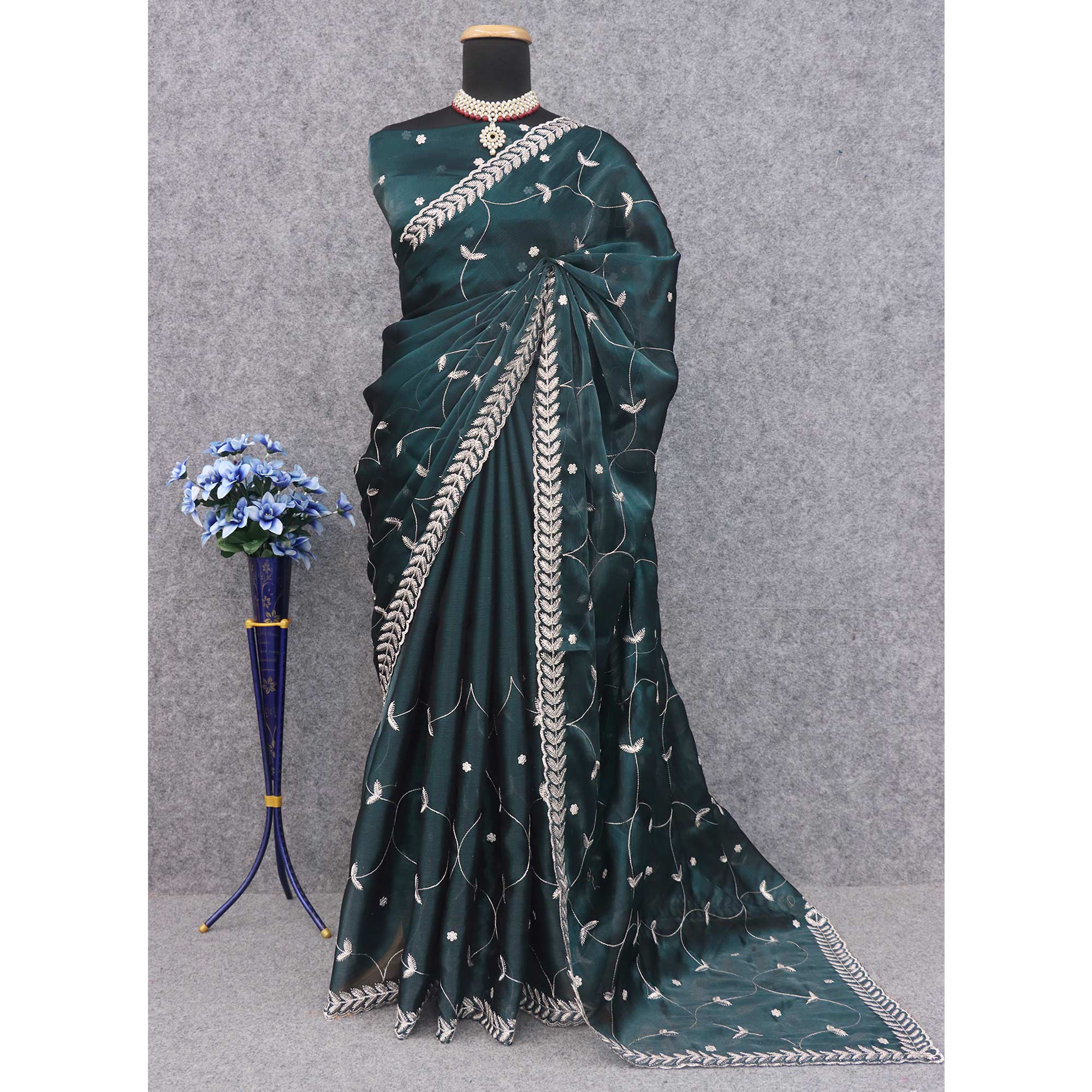 Dark Morpich Sequins Embroidered Chiffon Silk Saree