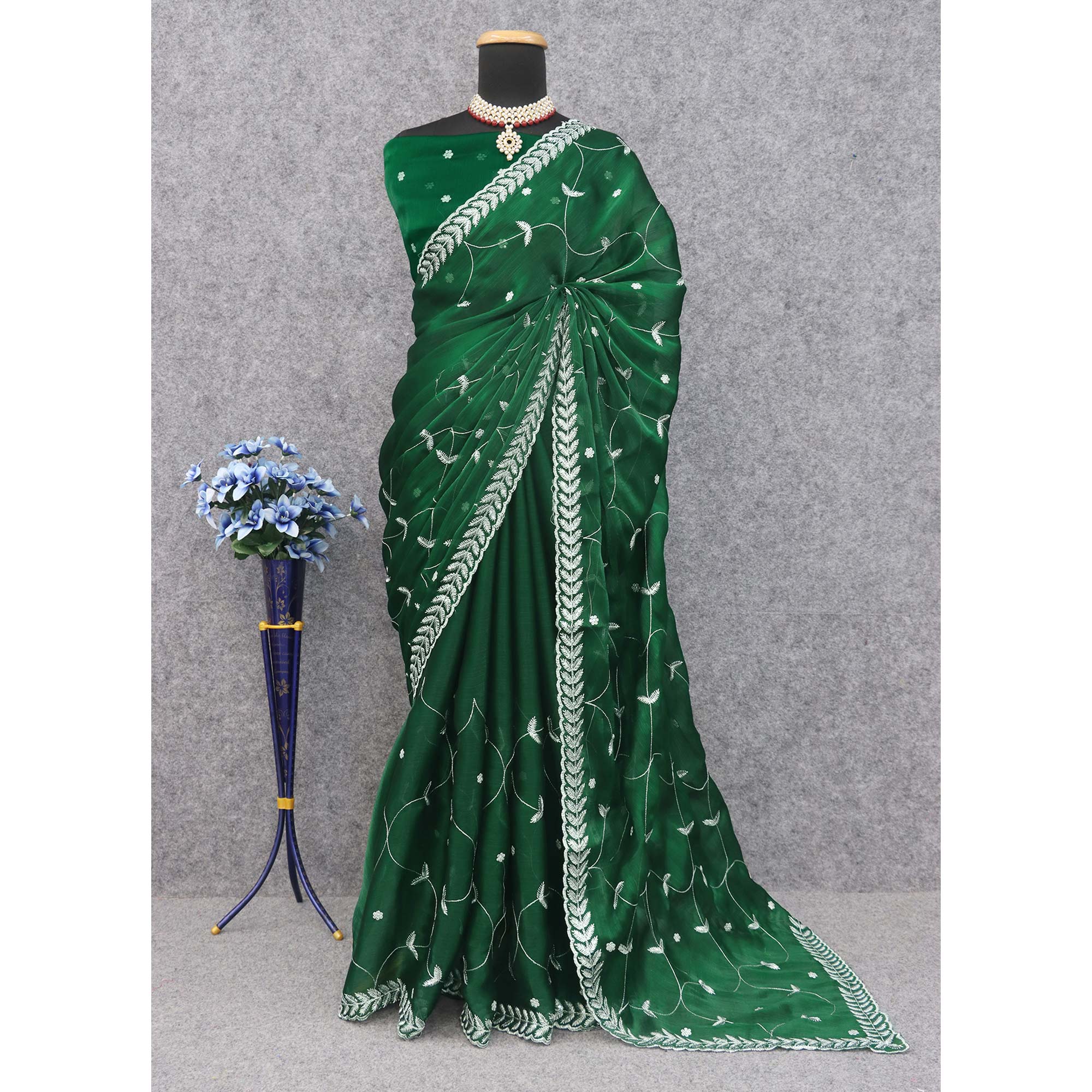 Green Sequins Embroidered Chiffon Silk Saree