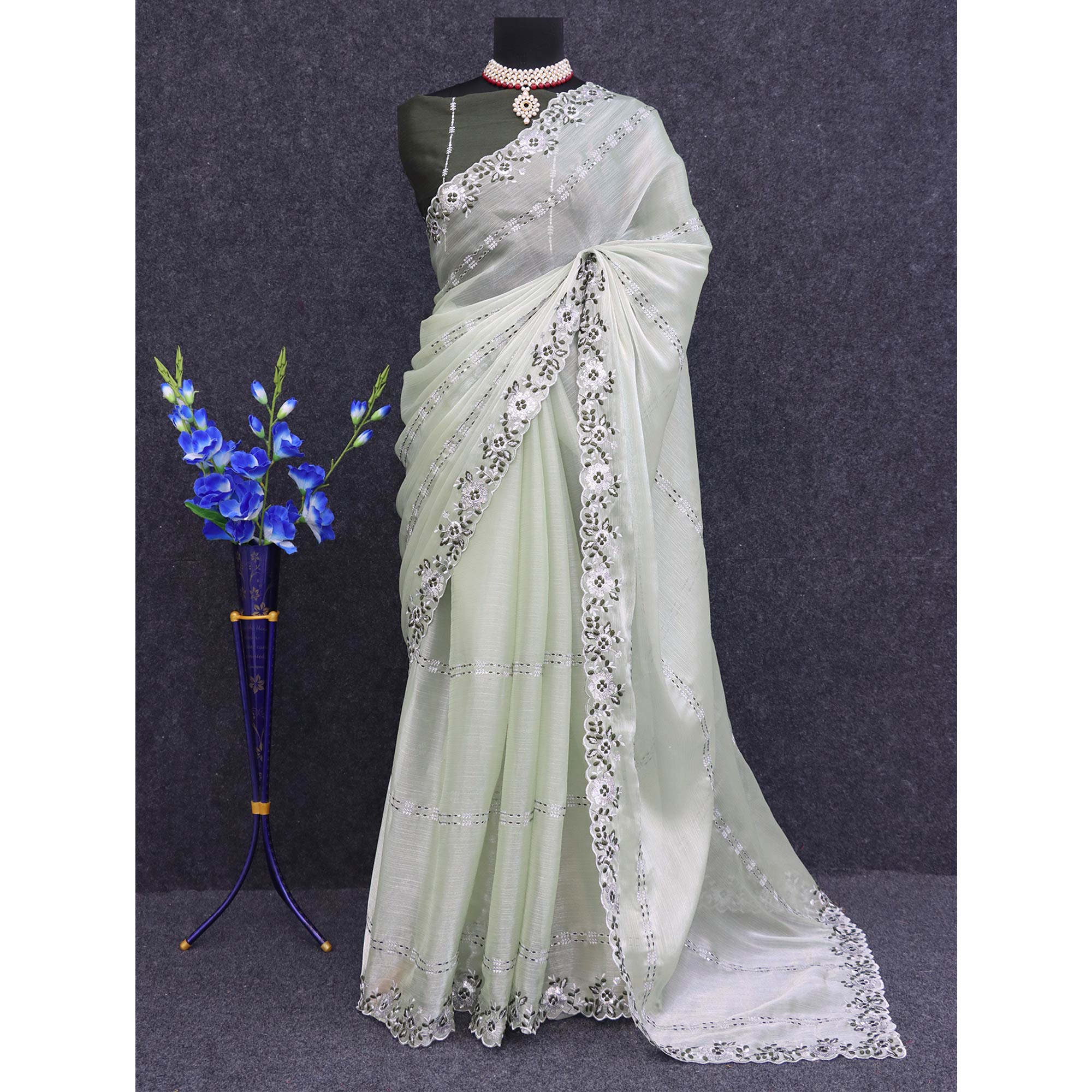 Green Sequins Embroidered Chiffon Saree