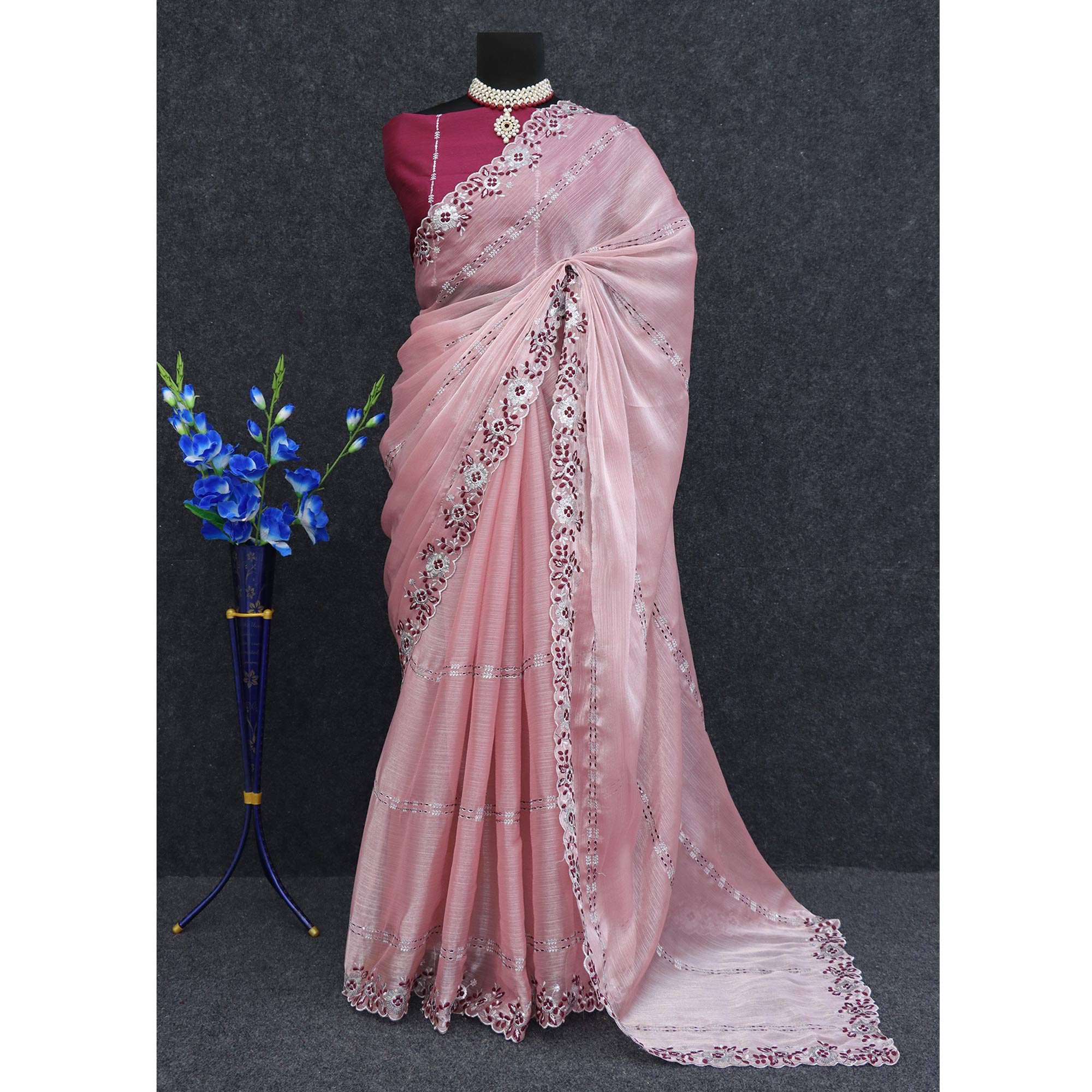 Pink Sequins Embroidered Chiffon Saree