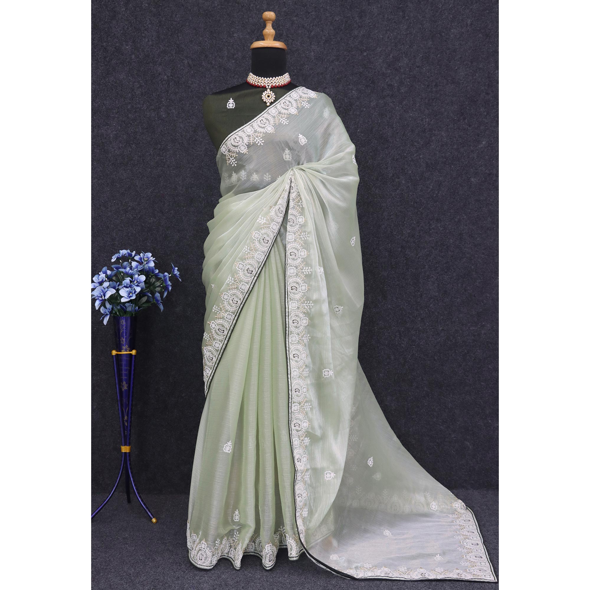 Green Sequins Embroidered Chiffon Silk Saree