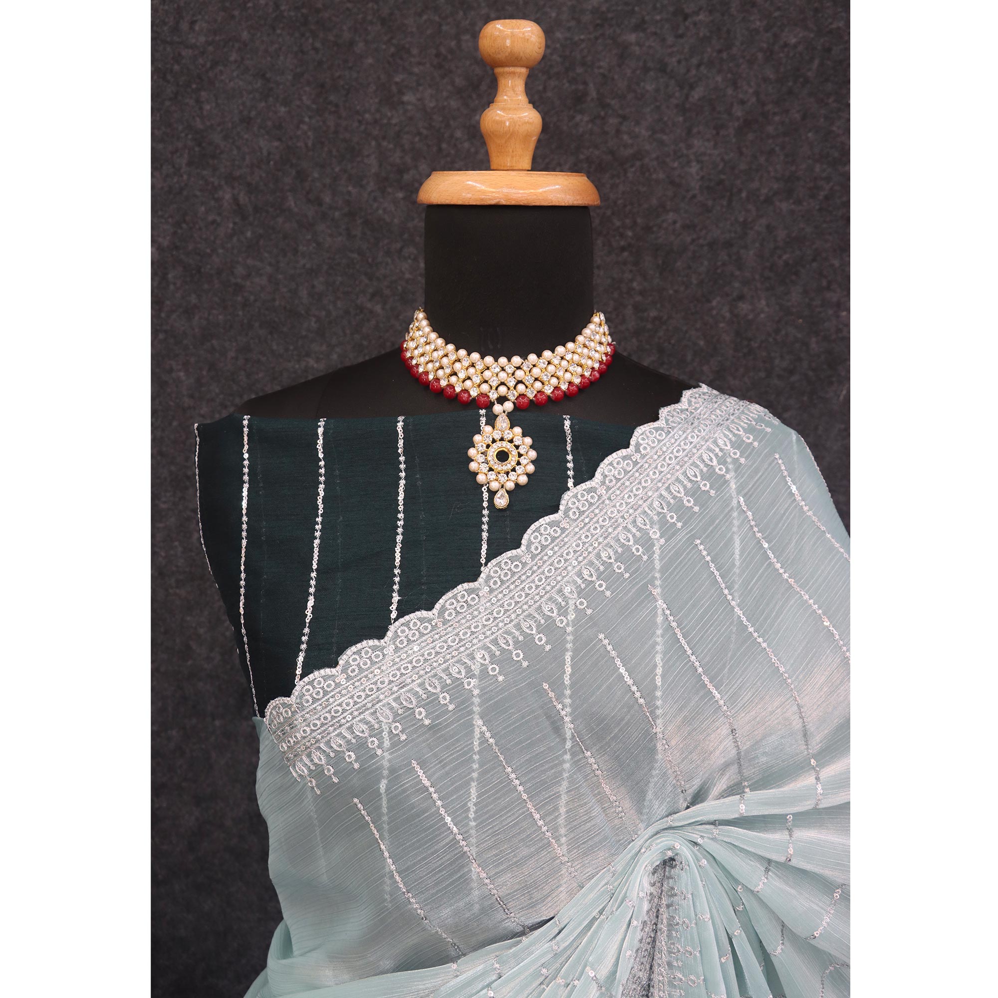 Blue Sequins Embroidered Chiffon Silk Saree