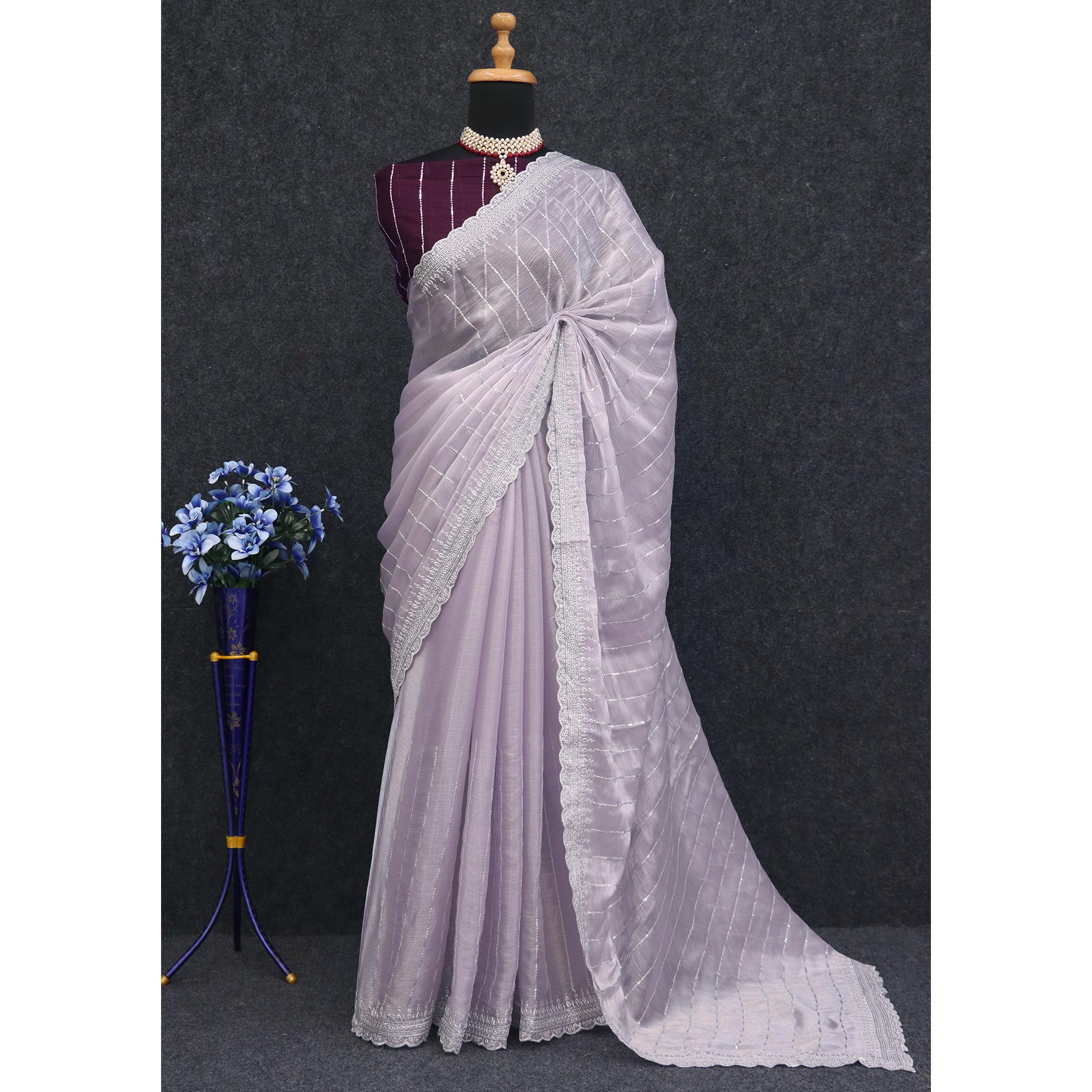 Lavender Sequins Embroidered Chiffon Silk Saree