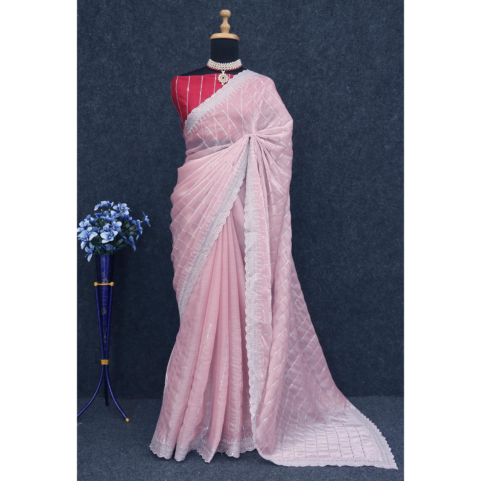 Pink Sequins Embroidered Chiffon Silk Saree