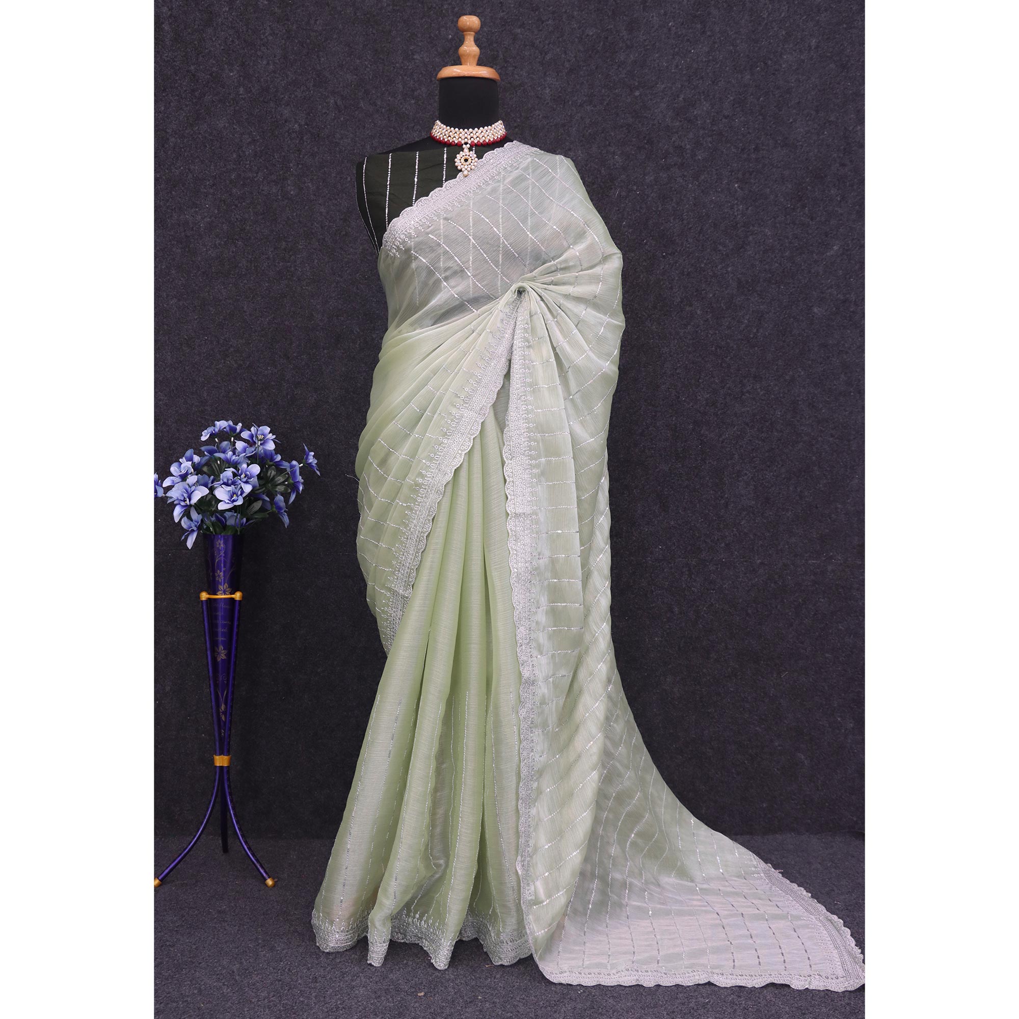 Pista Green Sequins Embroidered Chiffon Silk Saree
