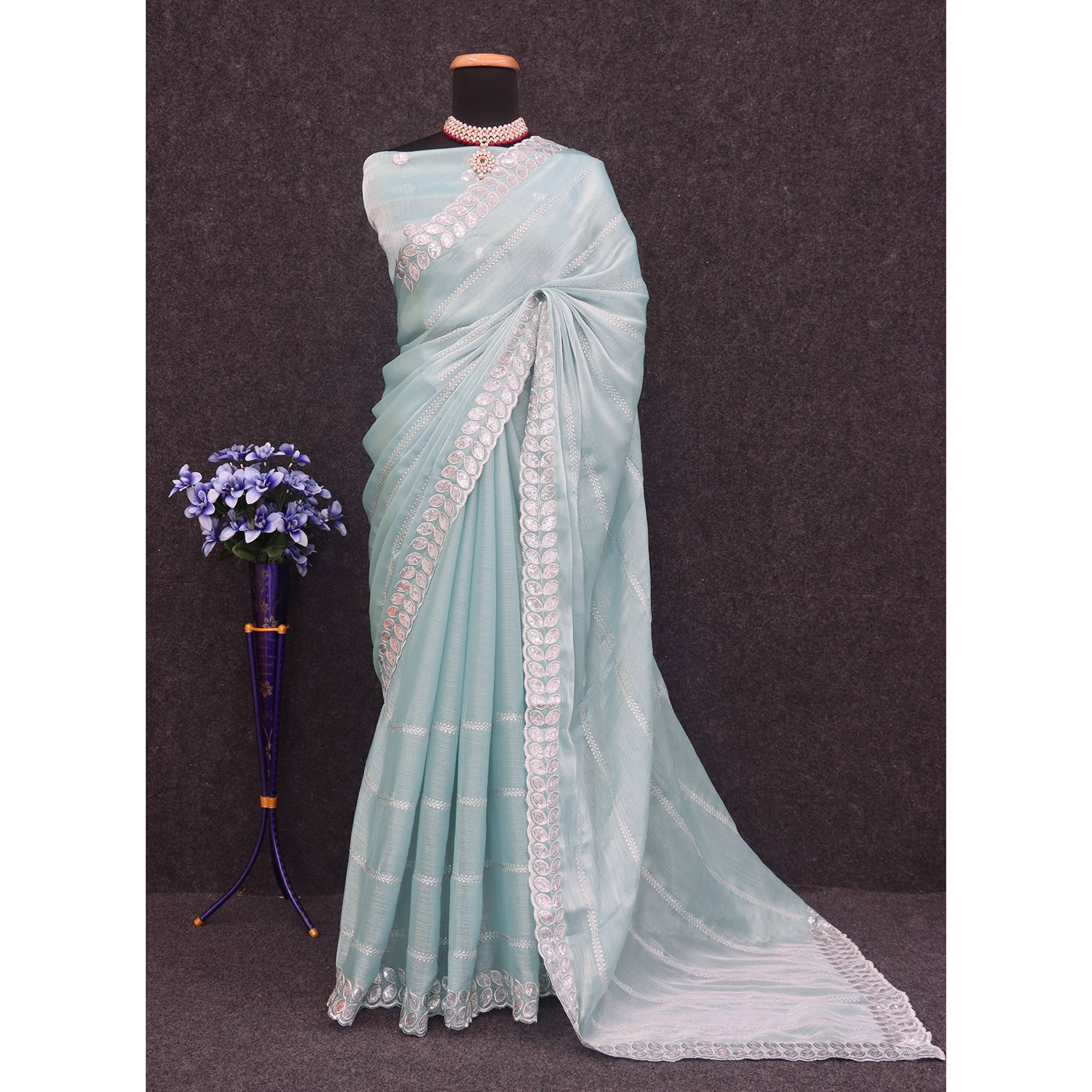 Blue Sequins Embroidered Chiffon Silk Saree